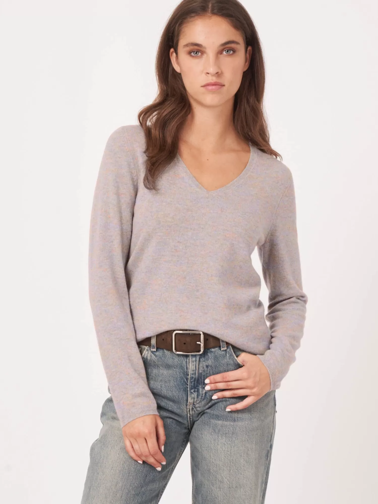 REPEAT cashmere Truien | Organic Cashmere*Basic V-hals trui van cashmere wolmix Marble