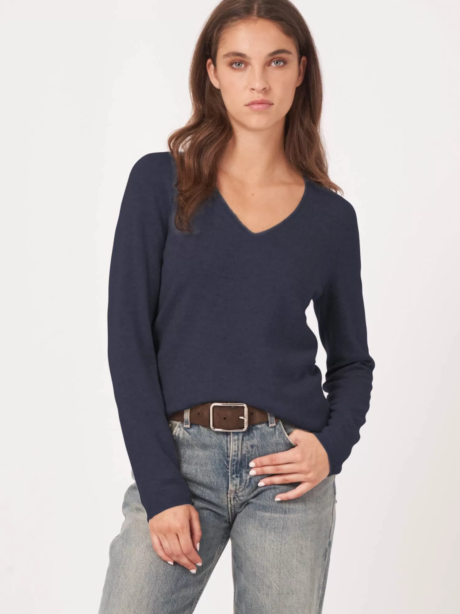 REPEAT cashmere Truien | Organic Cashmere*Basic V-hals trui van cashmere wolmix Midnight