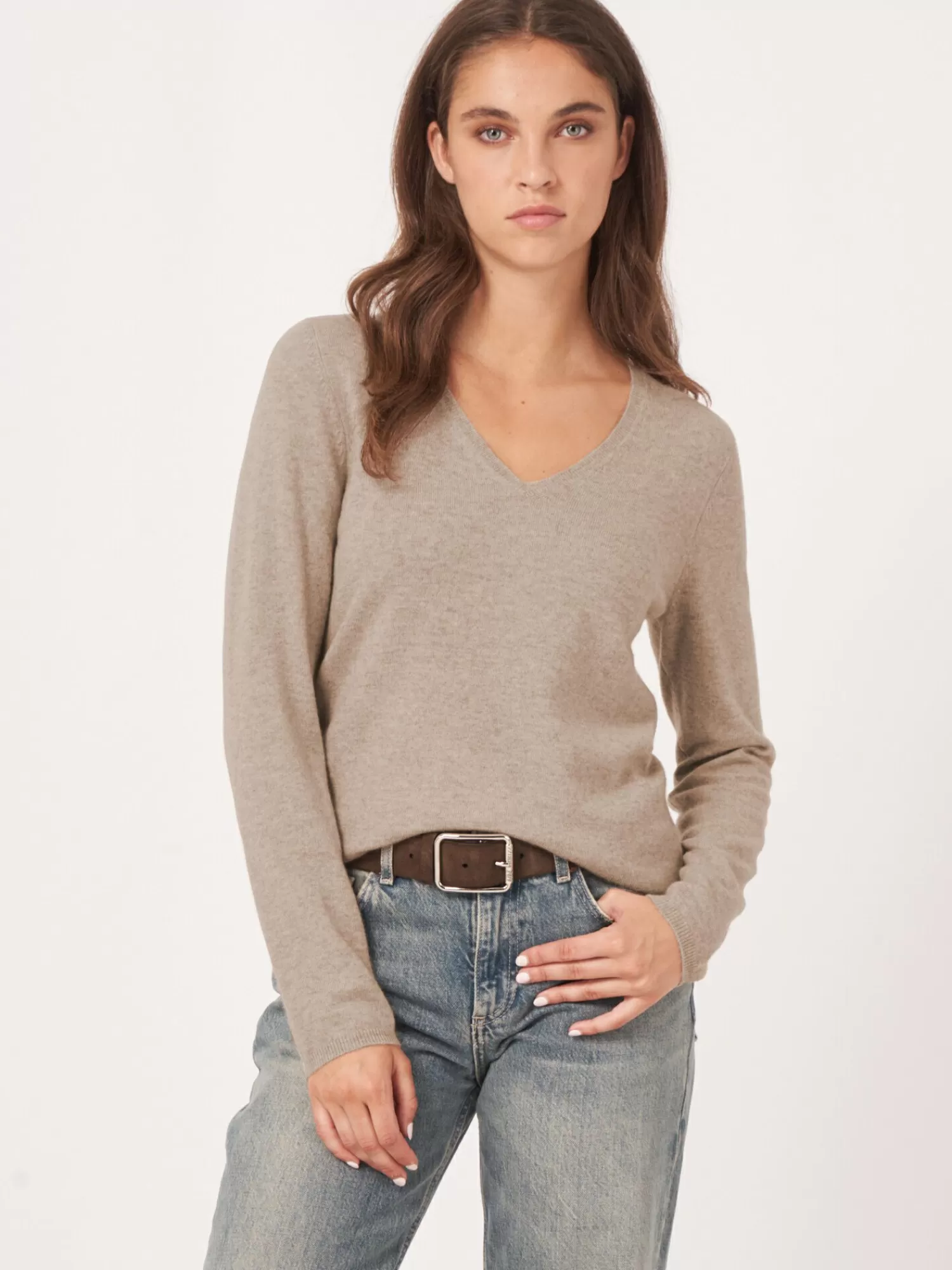 REPEAT cashmere Truien | Organic Cashmere*Basic V-hals trui van cashmere wolmix Pebble