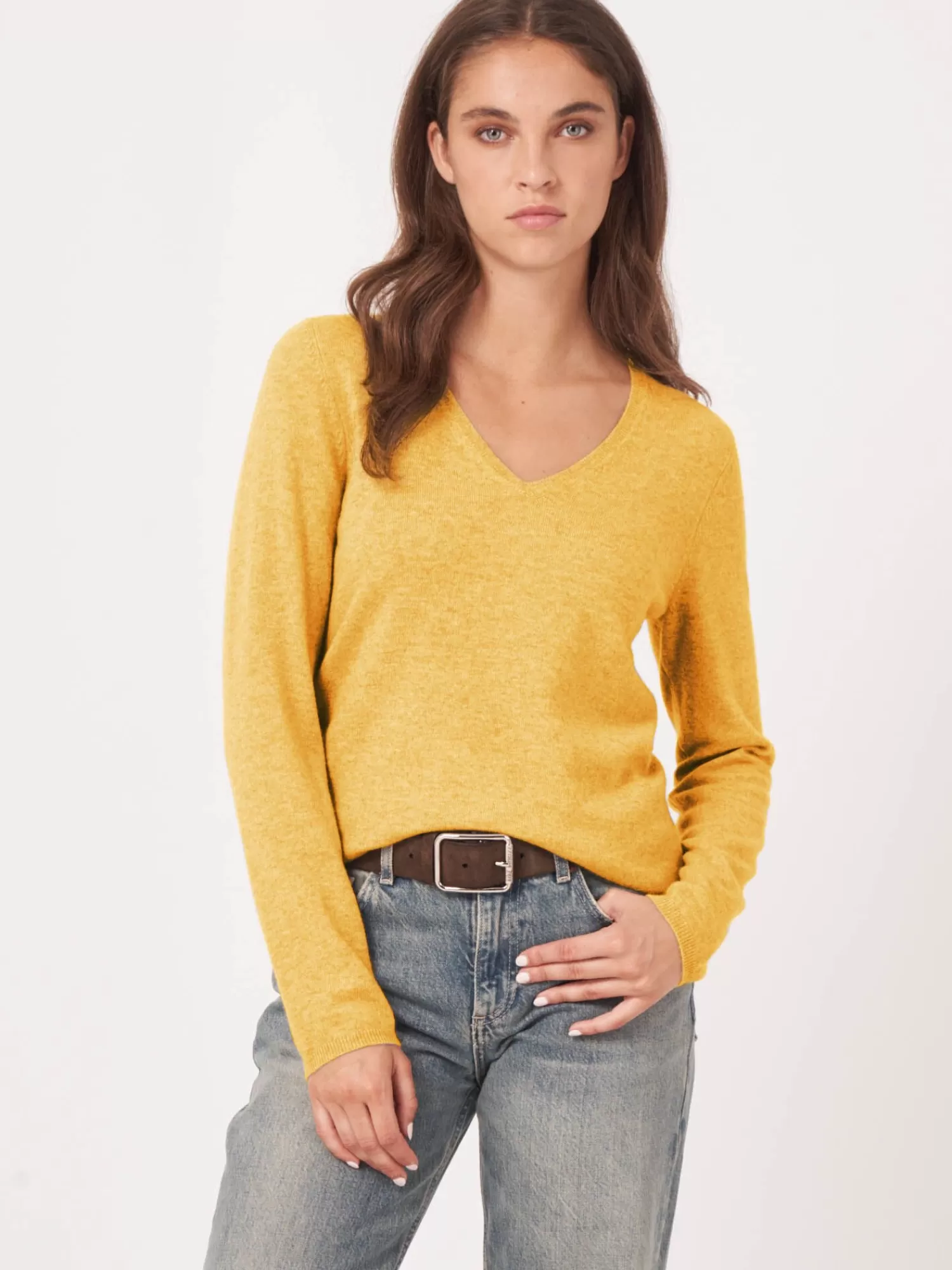 REPEAT cashmere Truien | Organic Cashmere*Basic V-hals trui van cashmere wolmix Honey