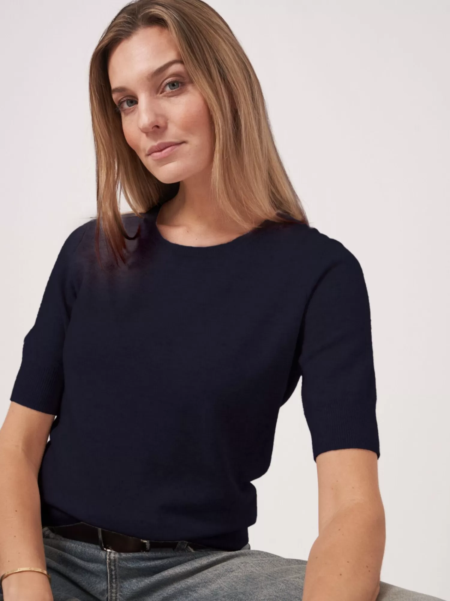 REPEAT cashmere Truien | Truien*Basic biologisch cashmere trui korte mouw Navy