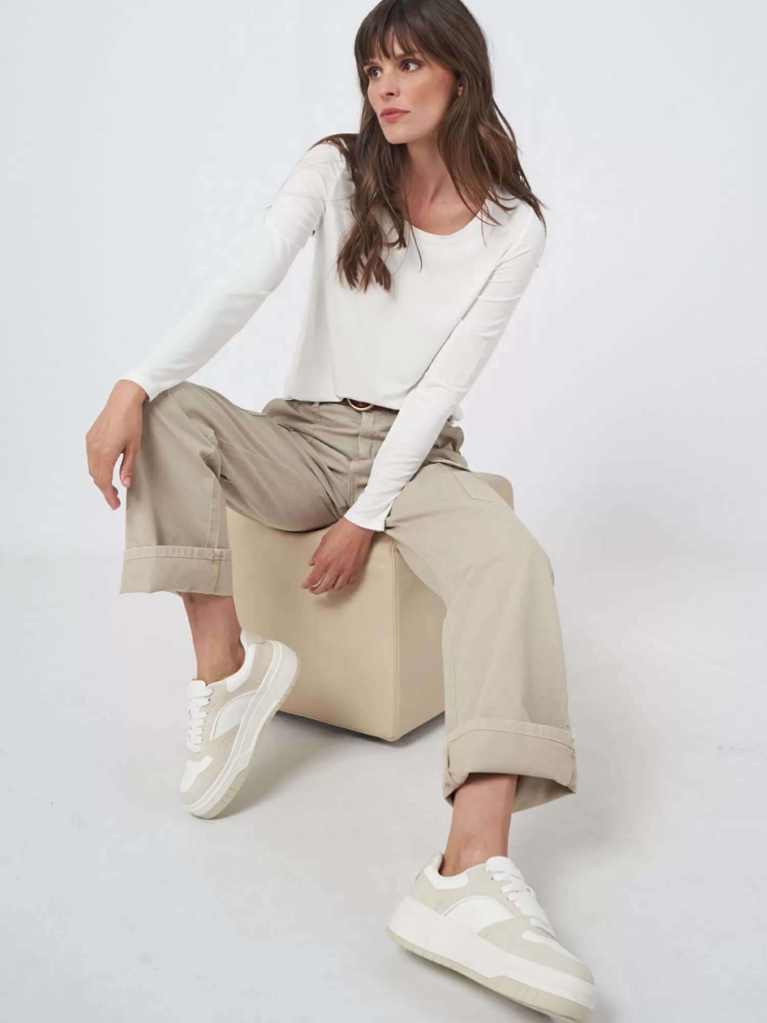 REPEAT cashmere Tops | Tops*Basic dames T-shirt met lange mouw Cream