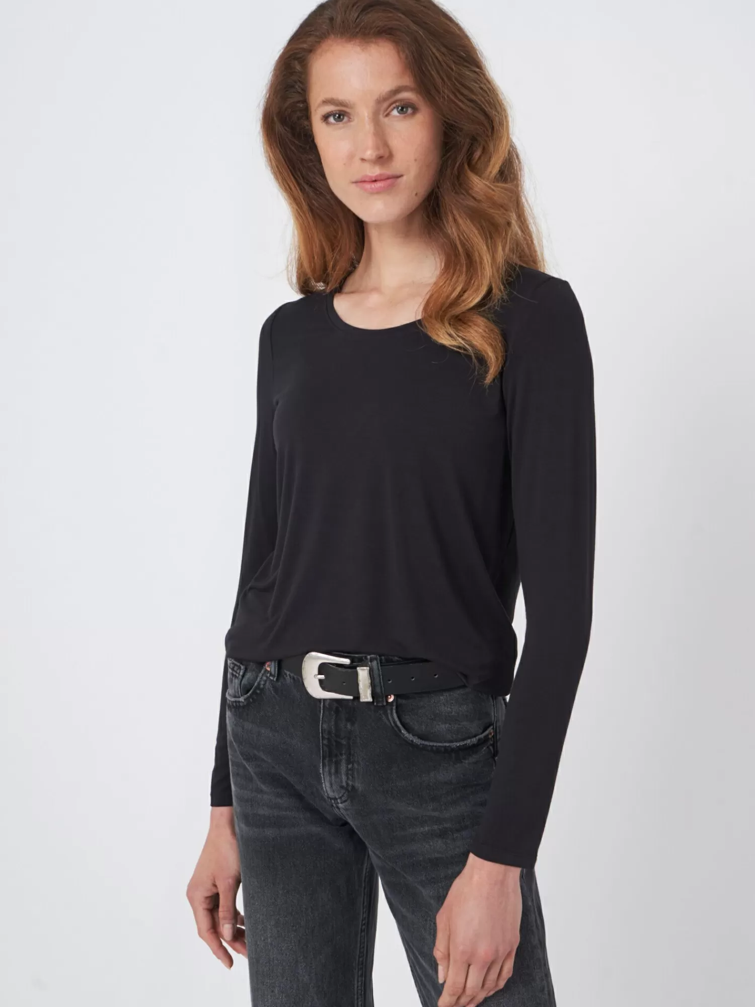 REPEAT cashmere Tops | Tops*Basic dames T-shirt met lange mouw Black