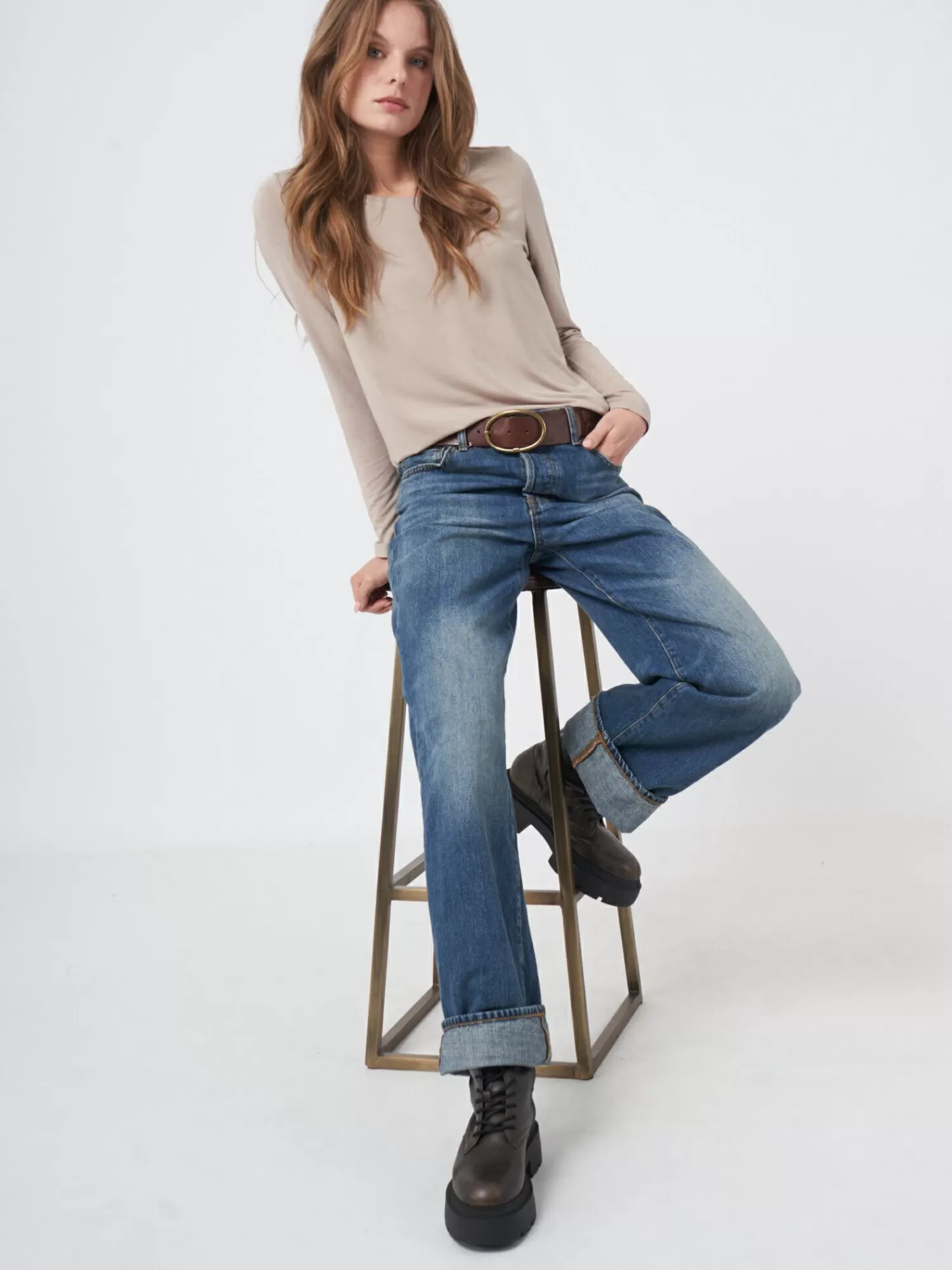 REPEAT cashmere Tops | Tops*Basic dames T-shirt met lange mouw Desert