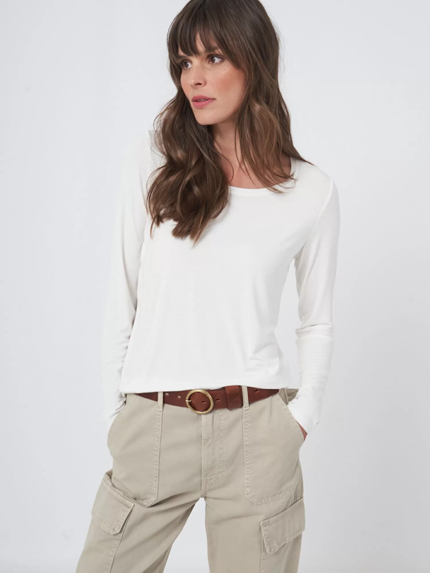 REPEAT cashmere Tops | Tops*Basic dames T-shirt met lange mouw Cream