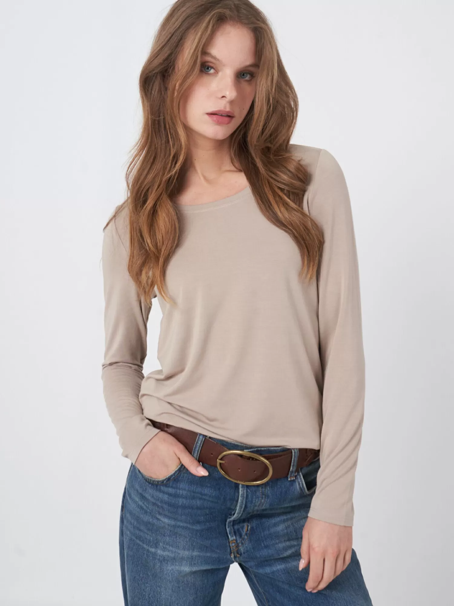 REPEAT cashmere Tops | Tops*Basic dames T-shirt met lange mouw Desert