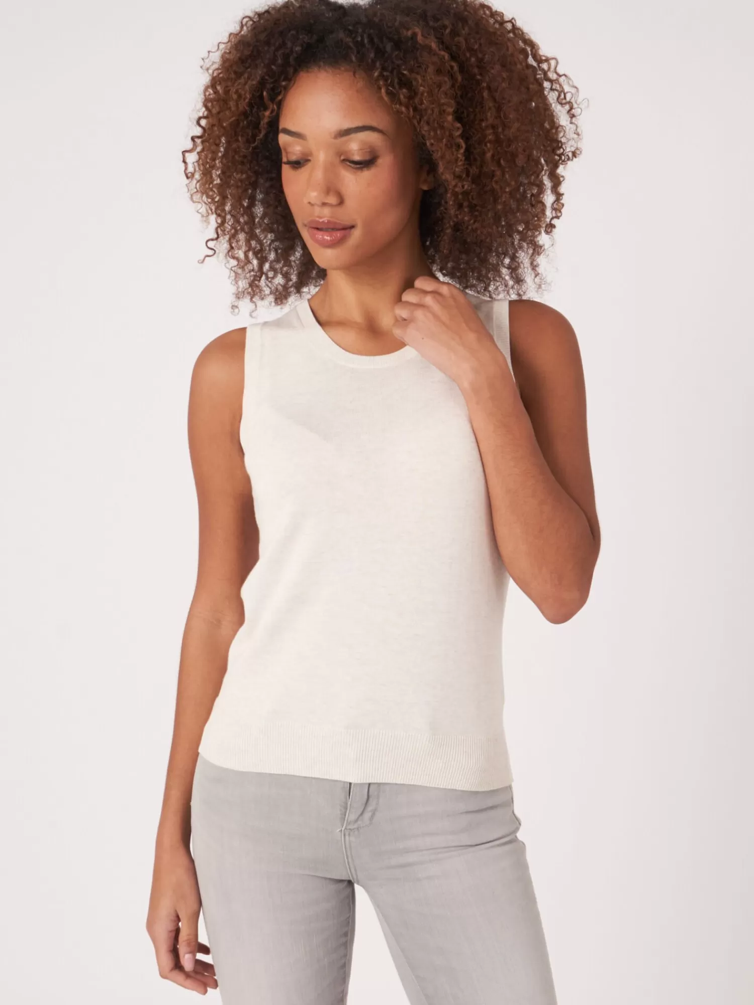 REPEAT cashmere Tops*Basic fijn gebreid top in katoenmix Ivory