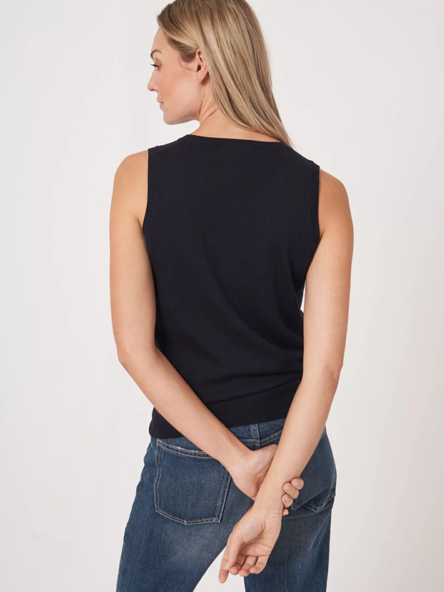 REPEAT cashmere Tops*Basic fijn gebreid top in katoenmix Navy