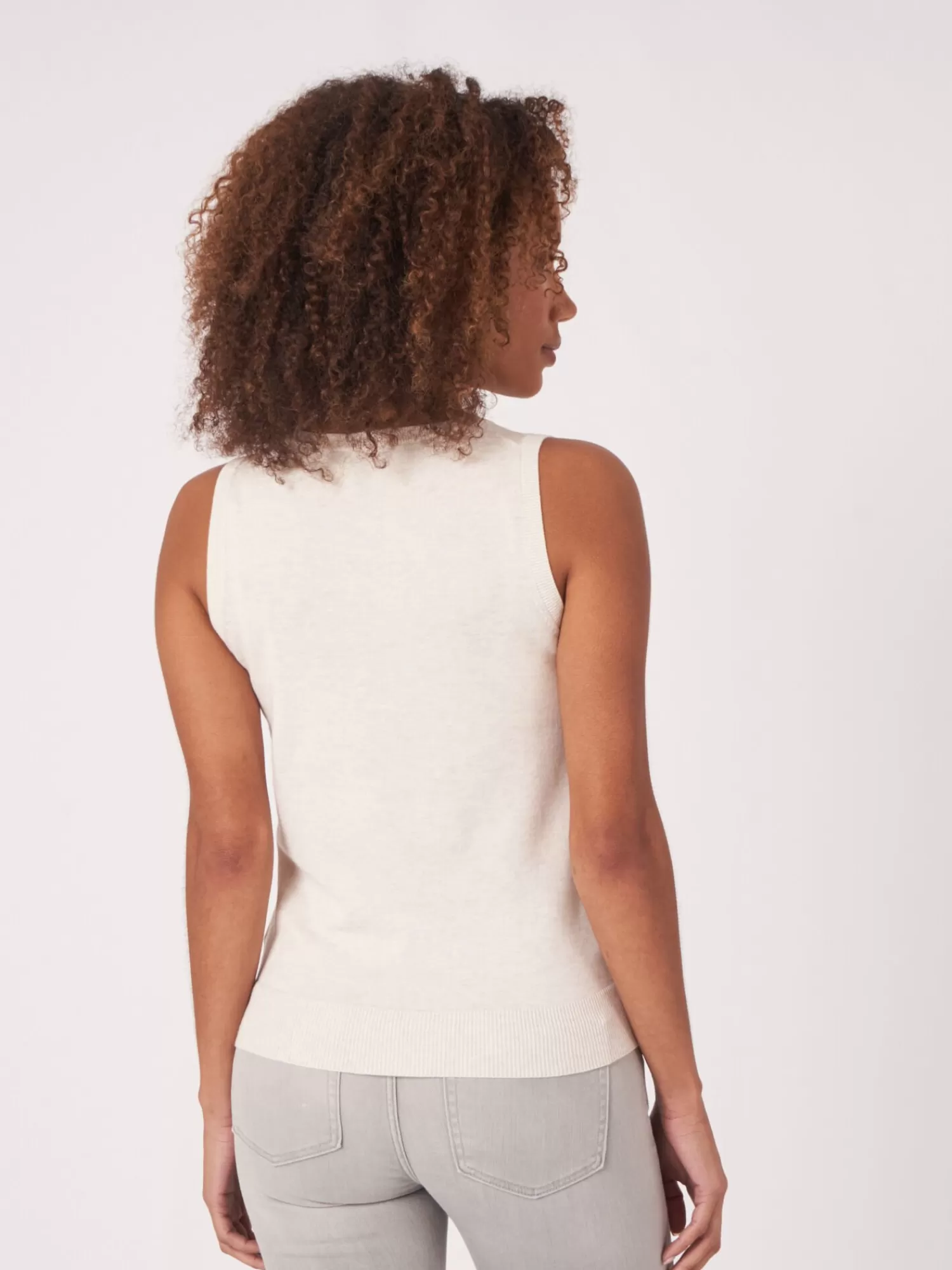 REPEAT cashmere Tops*Basic fijn gebreid top in katoenmix Ivory