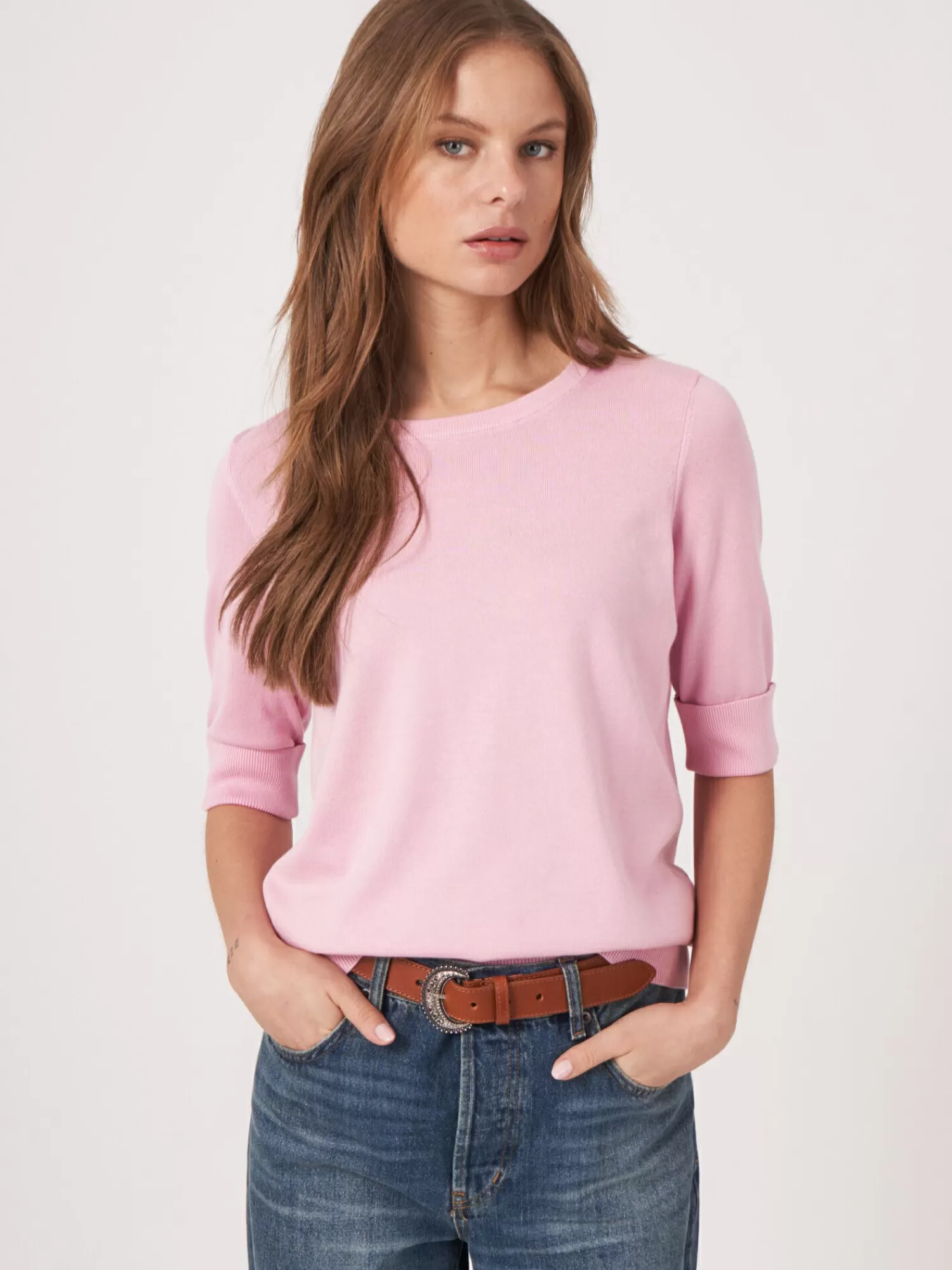 REPEAT cashmere Truien*Basic fijngebreide trui met korte mouwen Pink