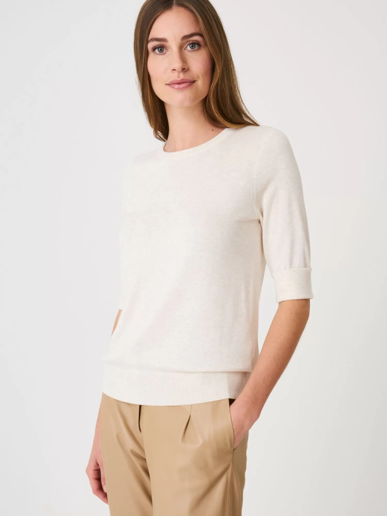 REPEAT cashmere Truien*Basic fijngebreide trui met korte mouwen Ivory