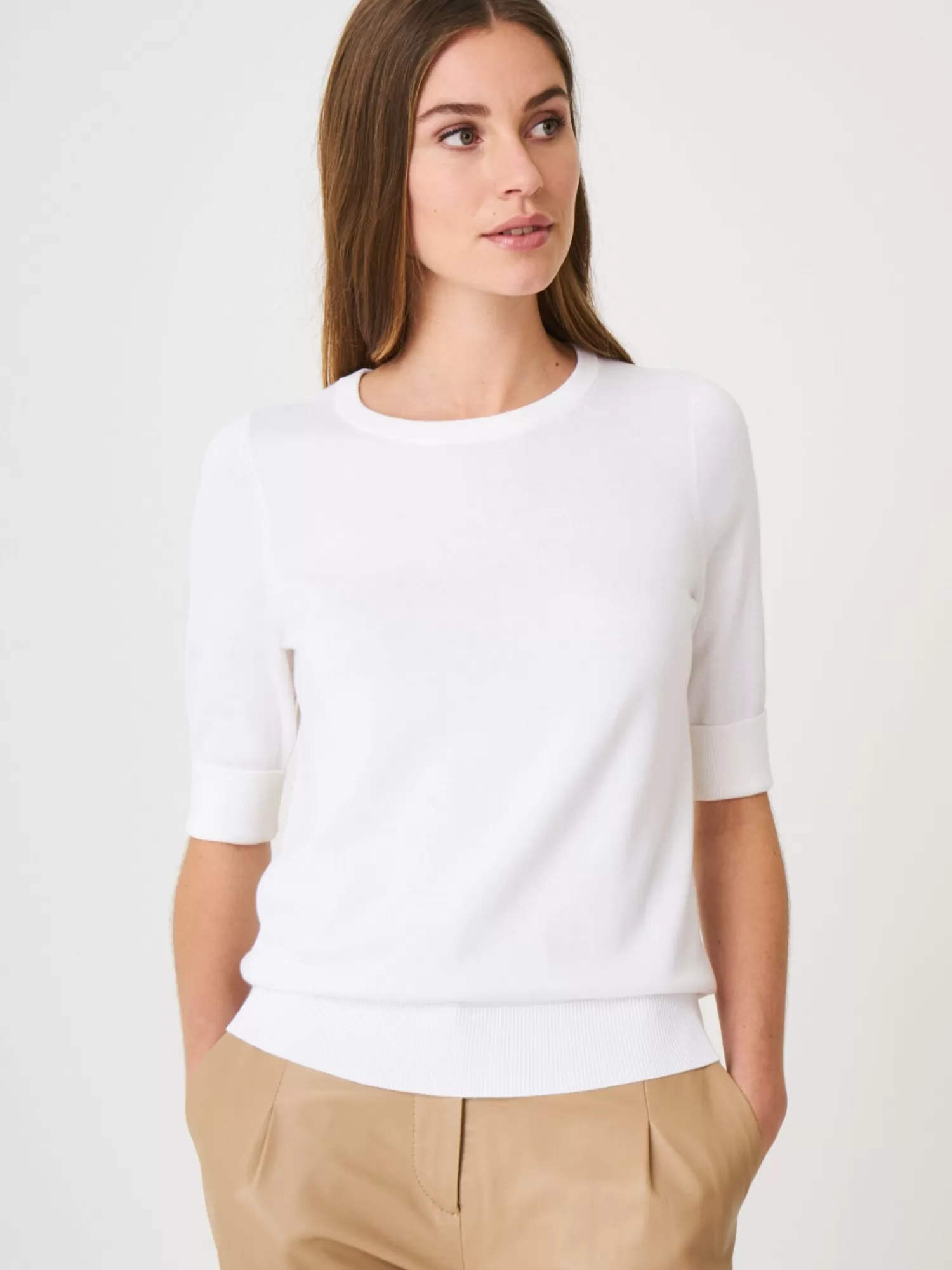 REPEAT cashmere Truien*Basic fijngebreide trui met korte mouwen White