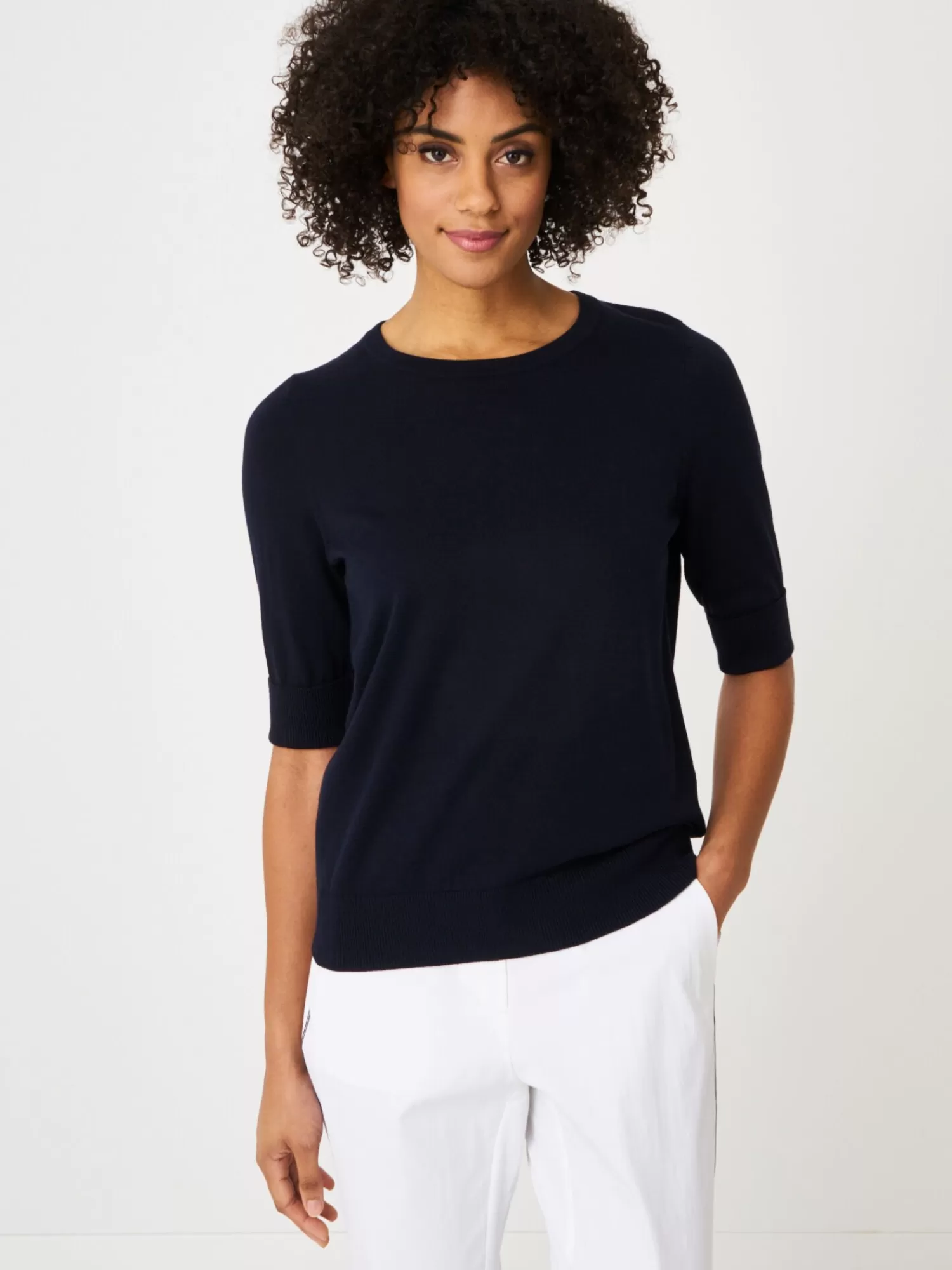 REPEAT cashmere Truien | Organic Cashmere*Basic fijngebreide trui met korte mouwen Navy