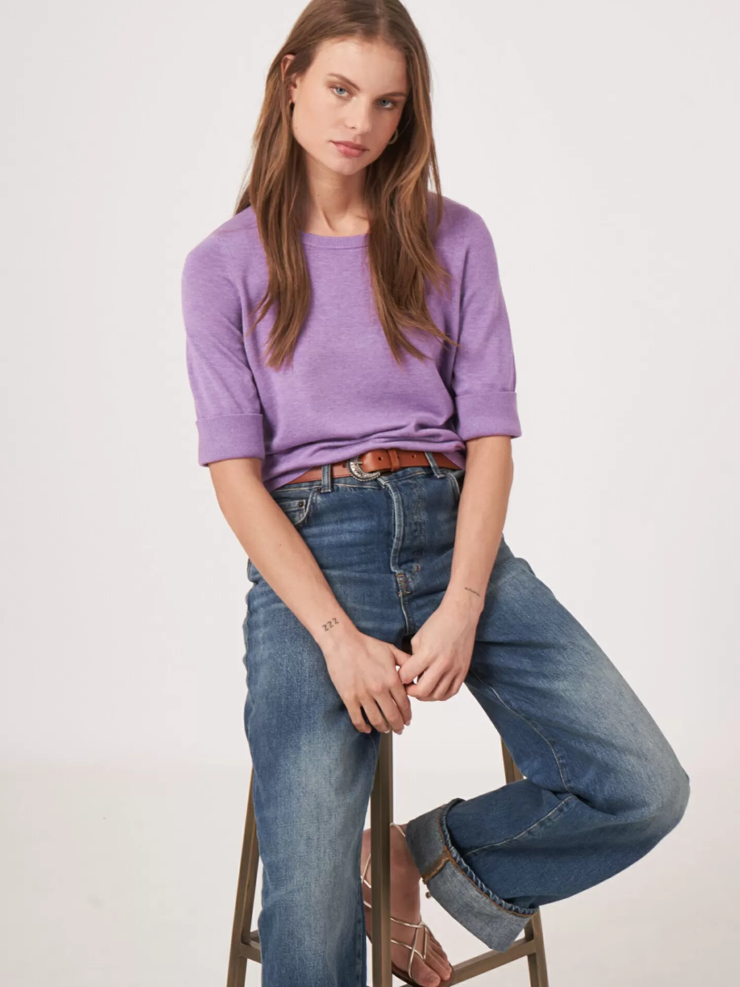 REPEAT cashmere Truien*Basic fijngebreide trui met korte mouwen Violet