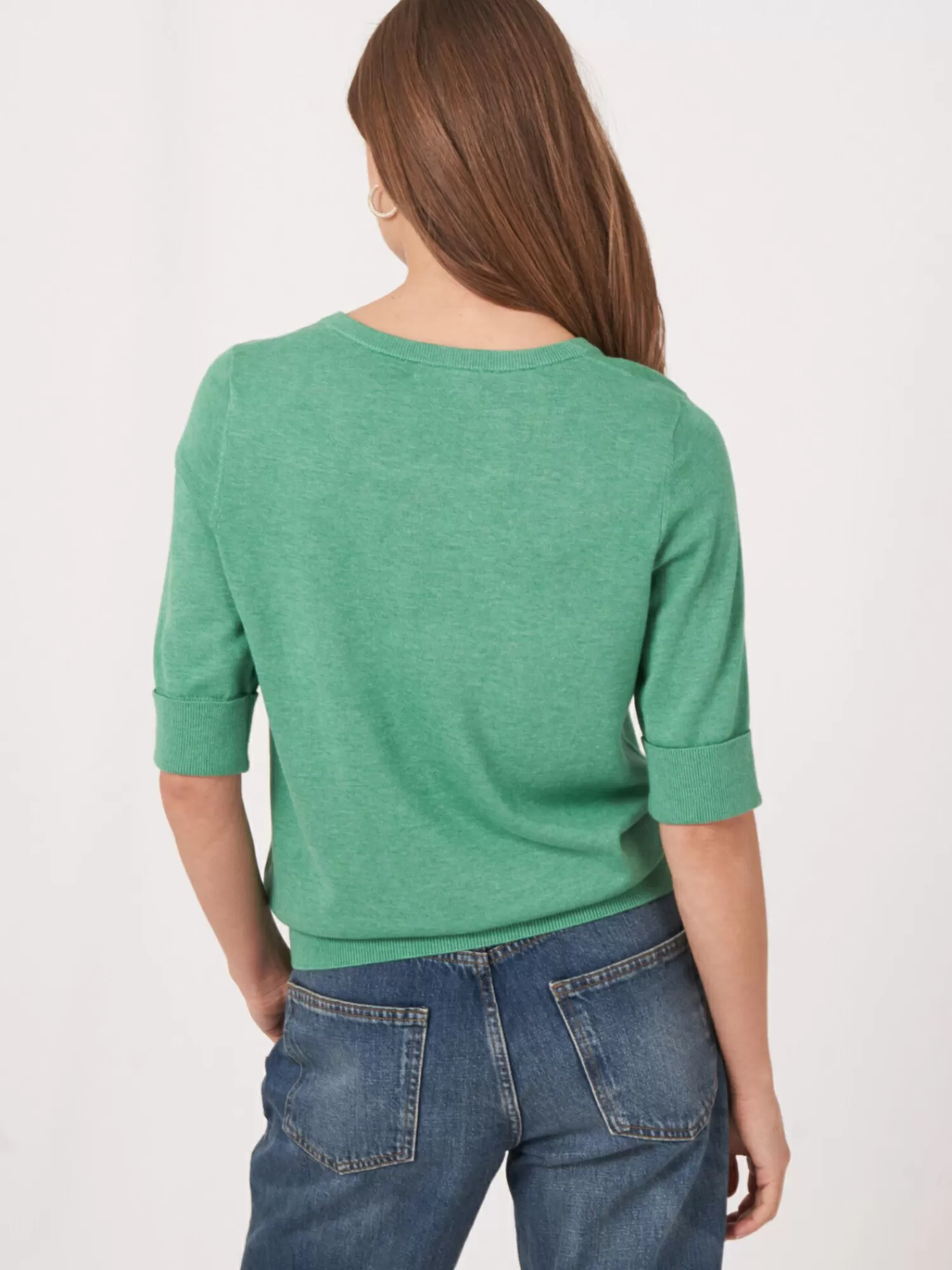 REPEAT cashmere Truien*Basic fijngebreide trui met korte mouwen Green