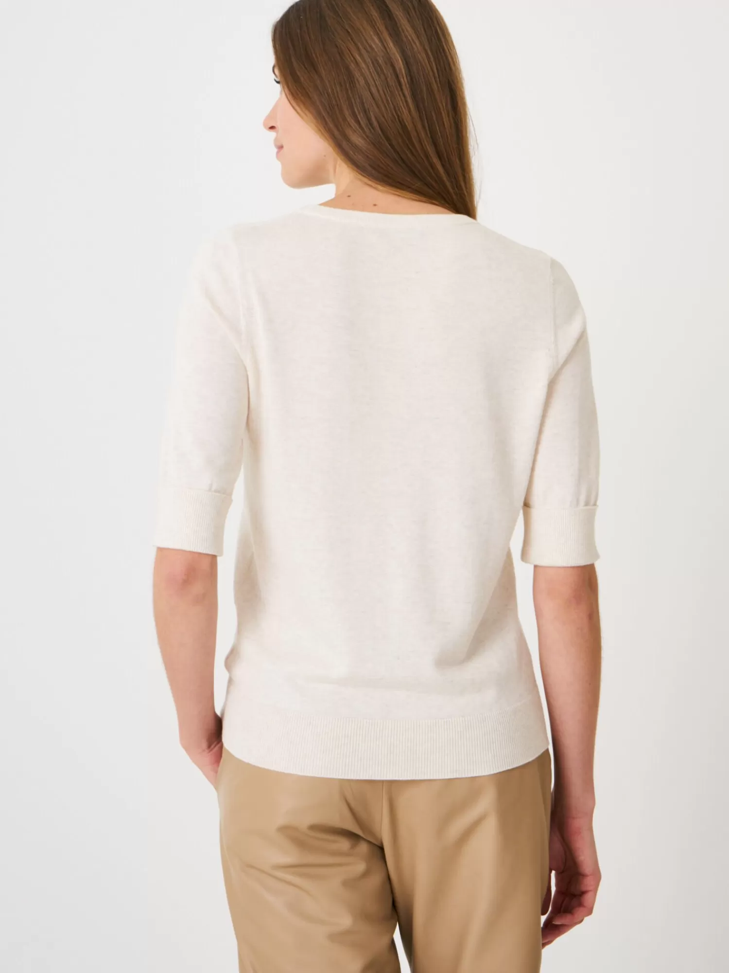 REPEAT cashmere Truien*Basic fijngebreide trui met korte mouwen Ivory