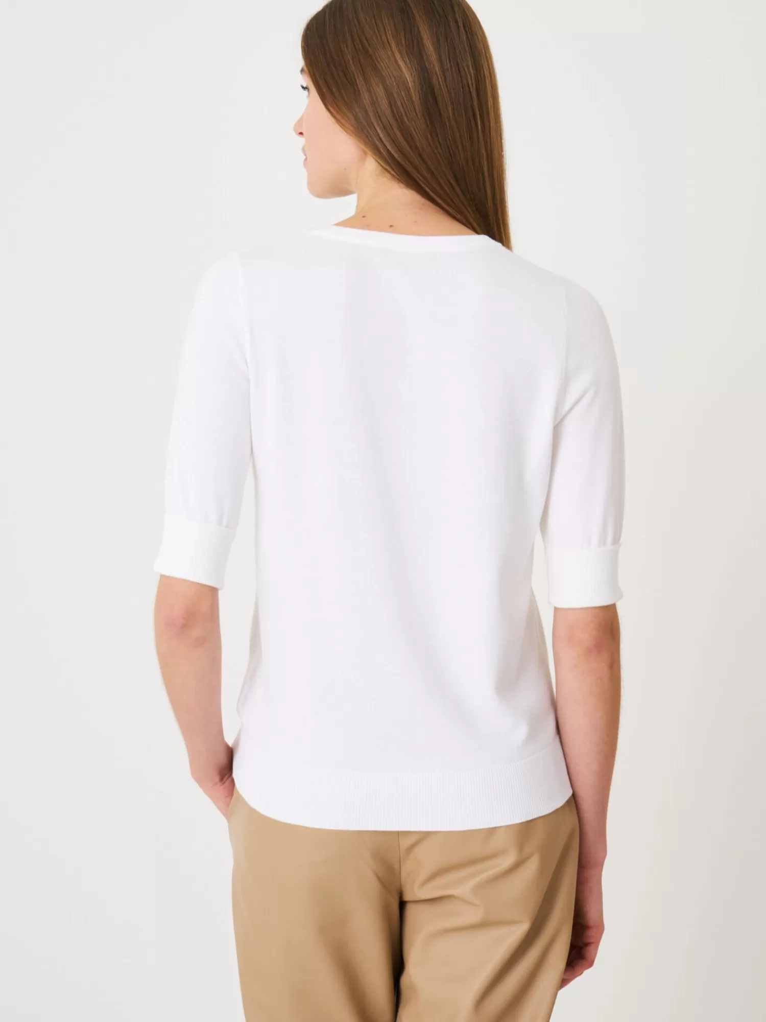 REPEAT cashmere Truien*Basic fijngebreide trui met korte mouwen White