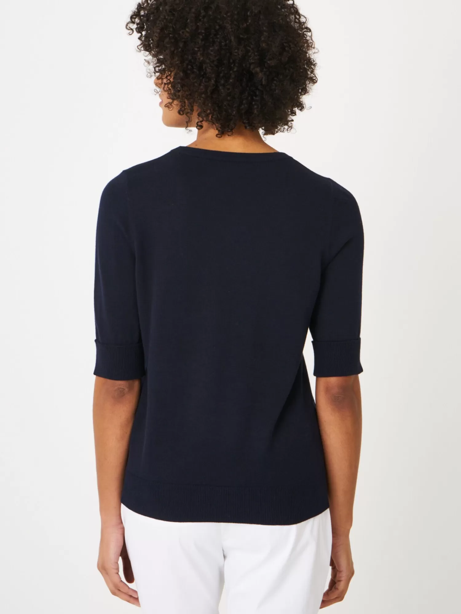 REPEAT cashmere Truien | Organic Cashmere*Basic fijngebreide trui met korte mouwen Navy