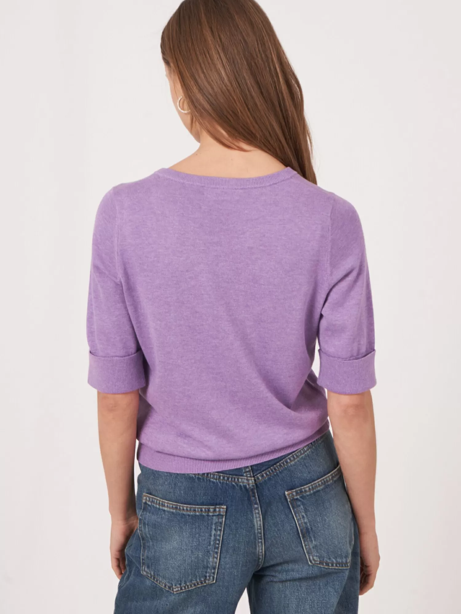 REPEAT cashmere Truien*Basic fijngebreide trui met korte mouwen Violet