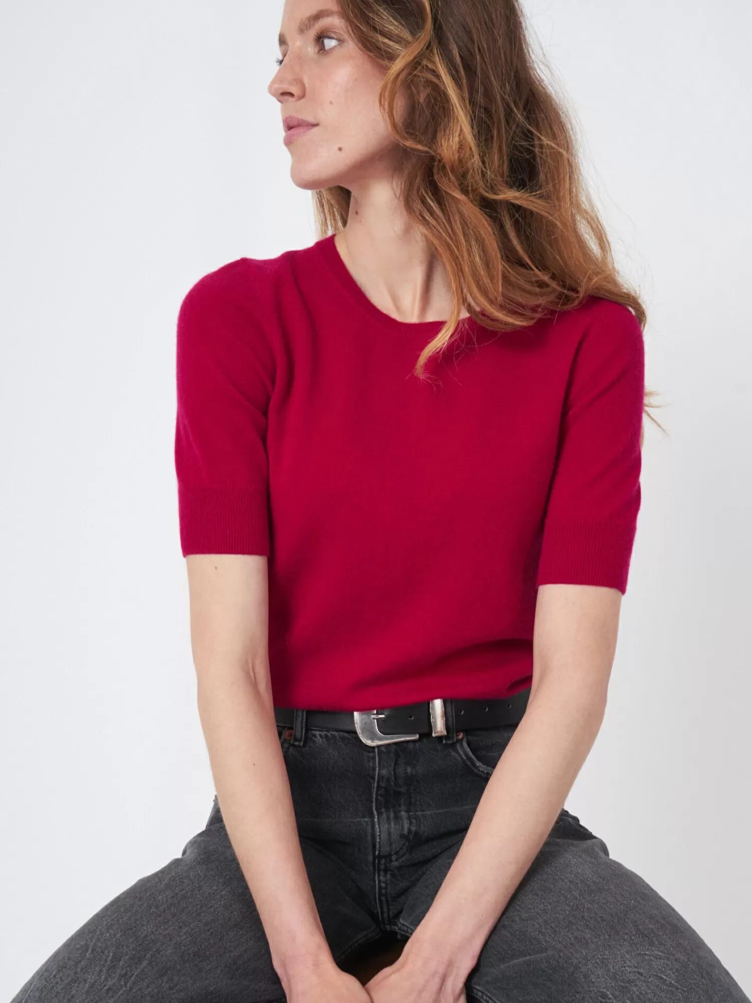 REPEAT cashmere Truien | Organic Cashmere*Basic korte mouw organisch cashmere trui Ruby