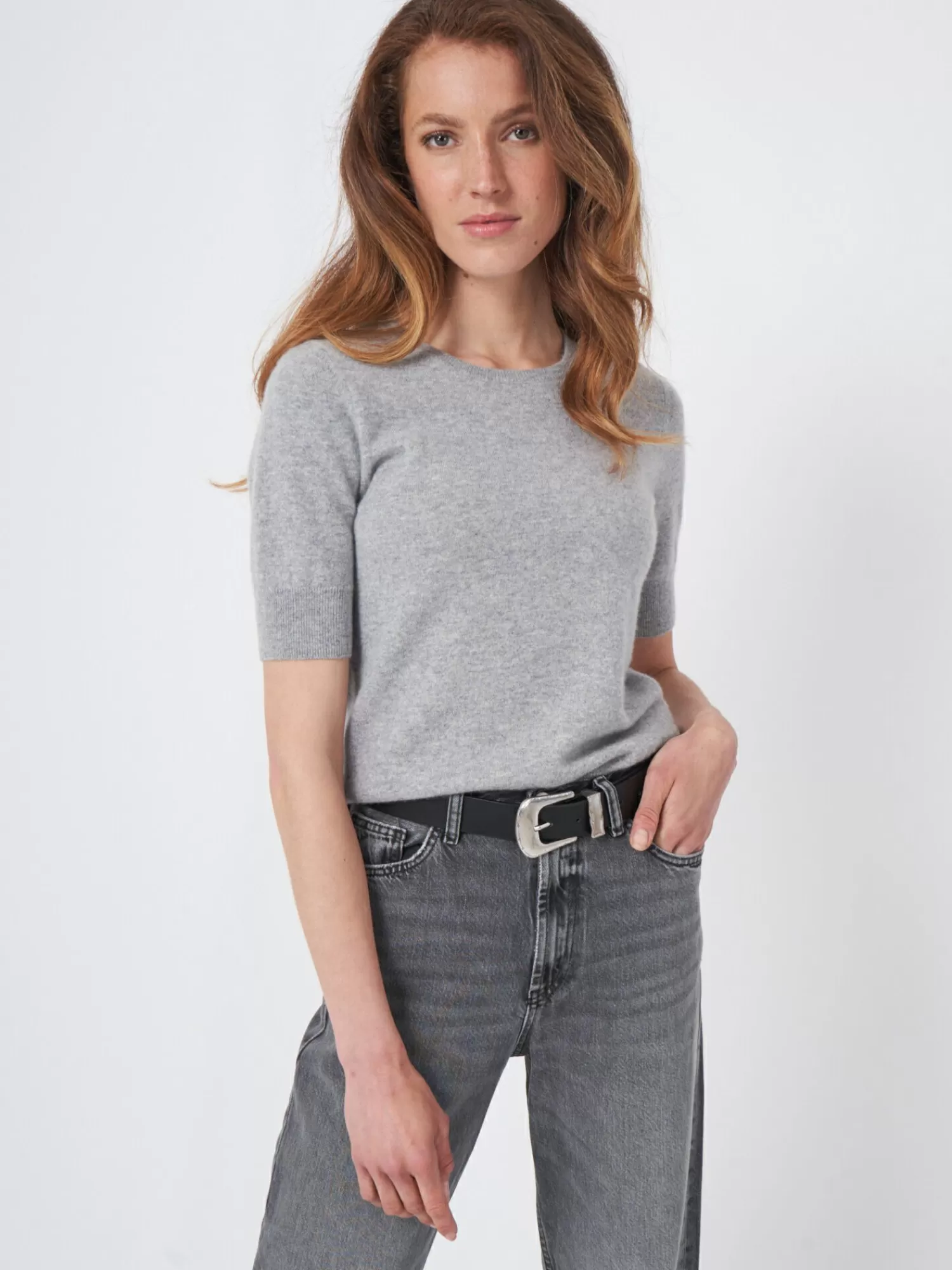 REPEAT cashmere Truien | Organic Cashmere*Basic korte mouw organisch cashmere trui LightGrey