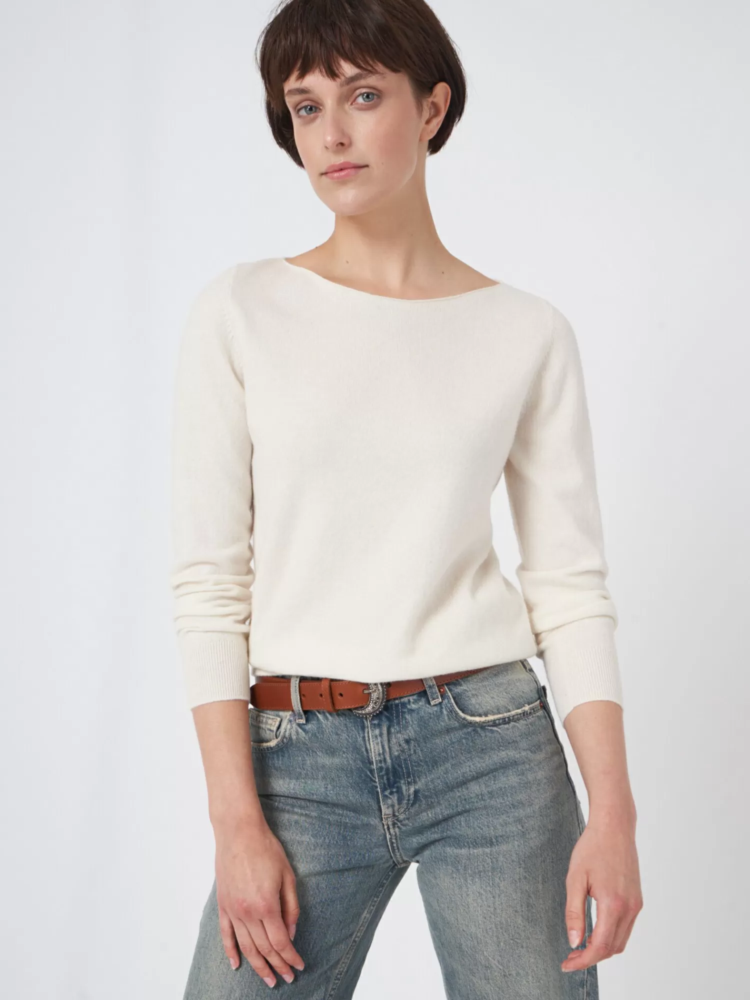 REPEAT cashmere Truien | Organic Cashmere*Basic organisch cashmere boothals trui Cream