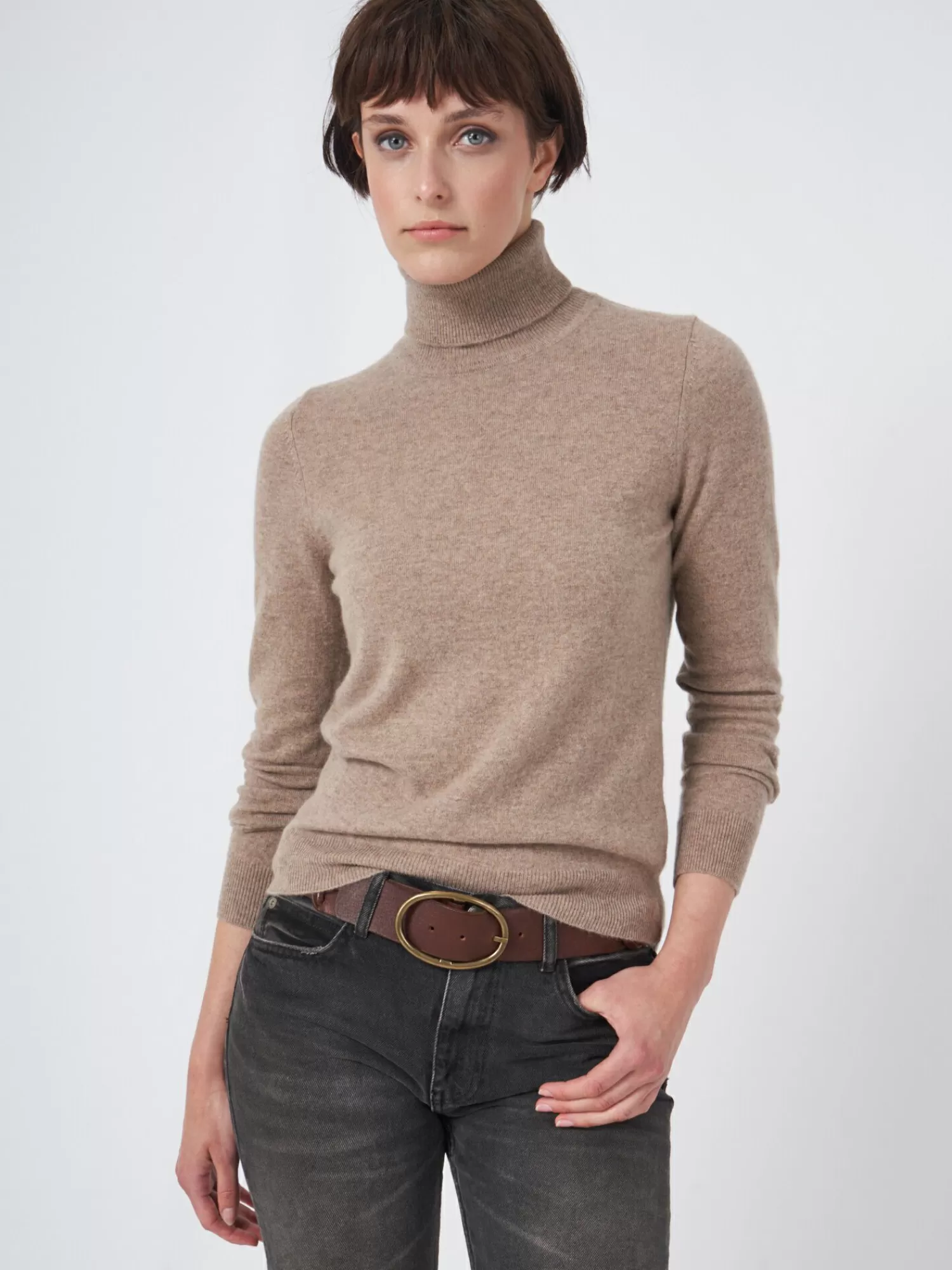 REPEAT cashmere Organic Cashmere | Truien*Basic organisch cashmere trui met rolkraag Taupe