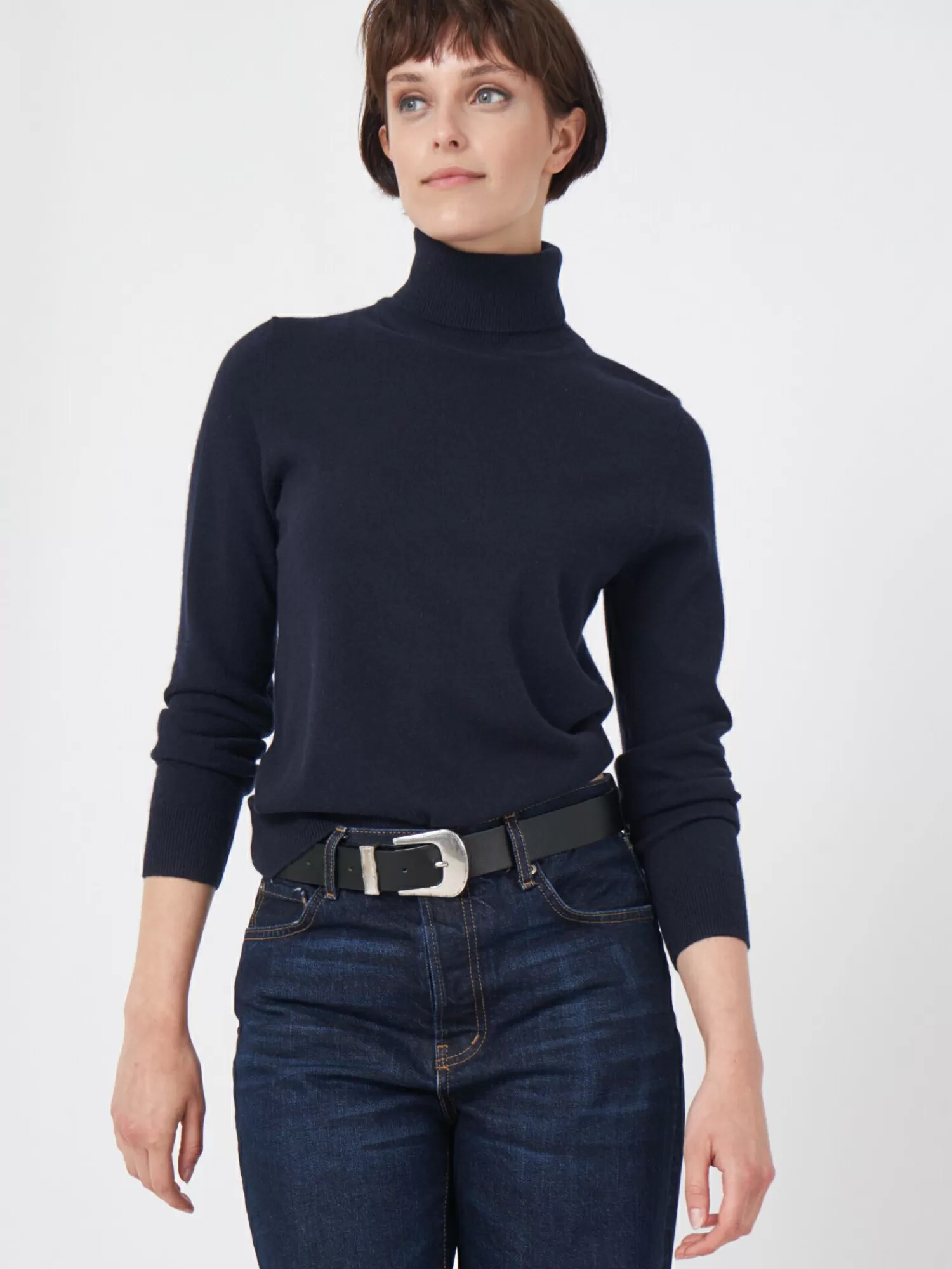 REPEAT cashmere Truien | Organic Cashmere*Basic organisch cashmere trui met rolkraag Navy