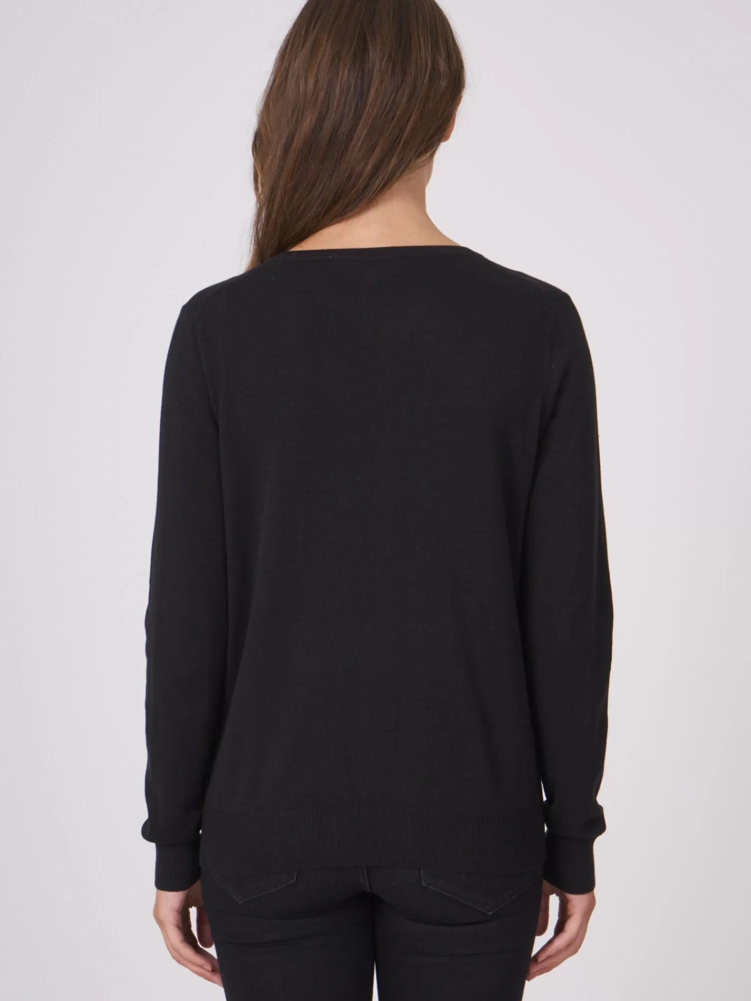 REPEAT cashmere Truien*Basic sweater met V-hals van katoenmix Black