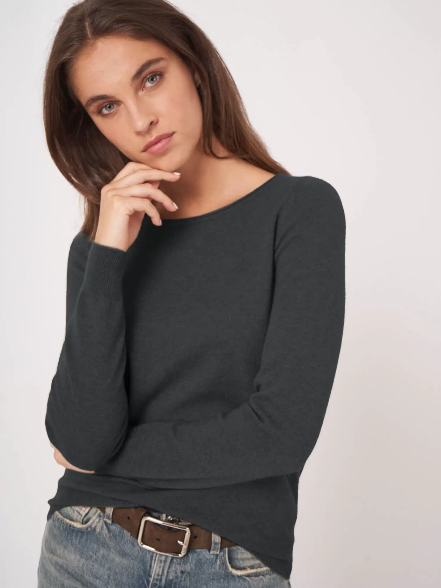 REPEAT cashmere Truien | Organic Cashmere*Basic trui met boothals van cashmere wolmix NightGreen