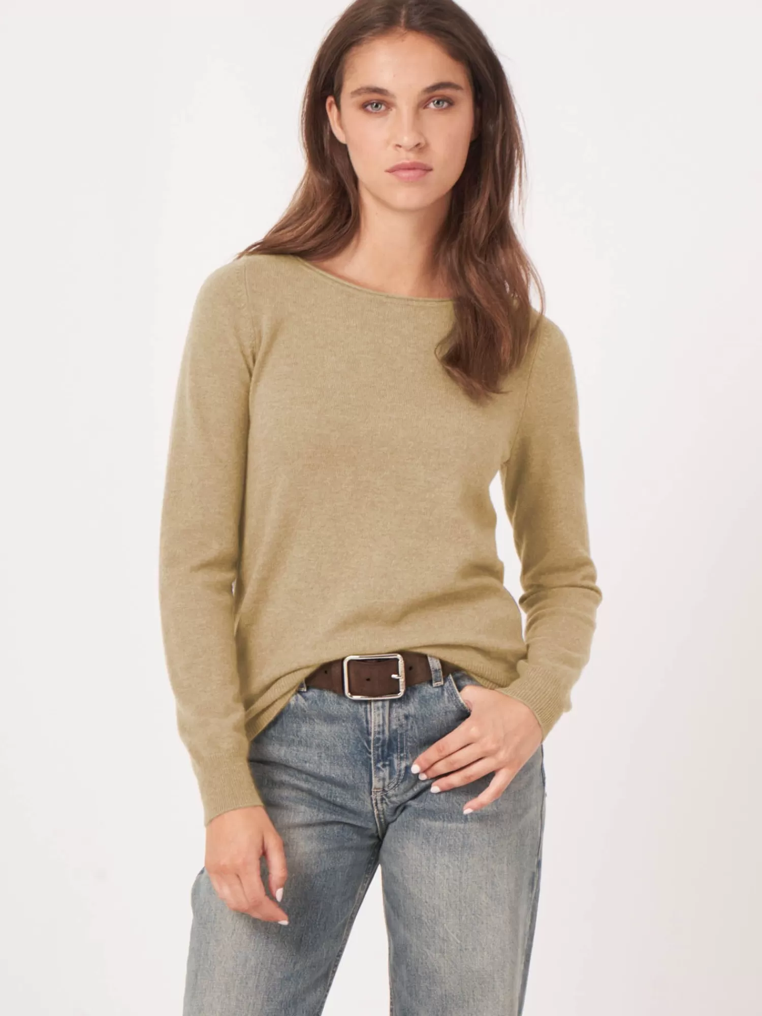 REPEAT cashmere Truien | Organic Cashmere*Basic trui met boothals van cashmere wolmix Mustard