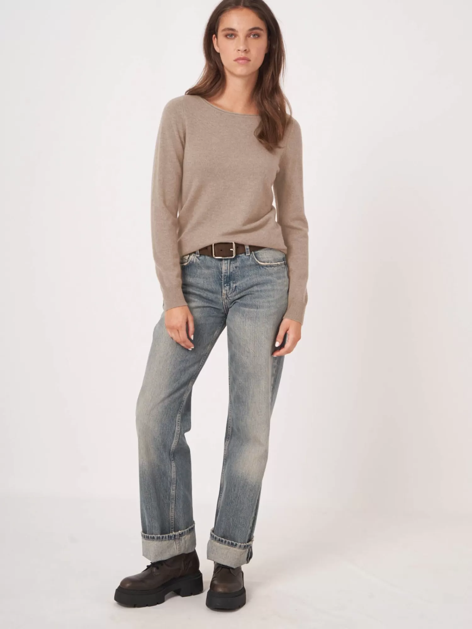 REPEAT cashmere Truien | Organic Cashmere*Basic trui met boothals van cashmere wolmix Pebble