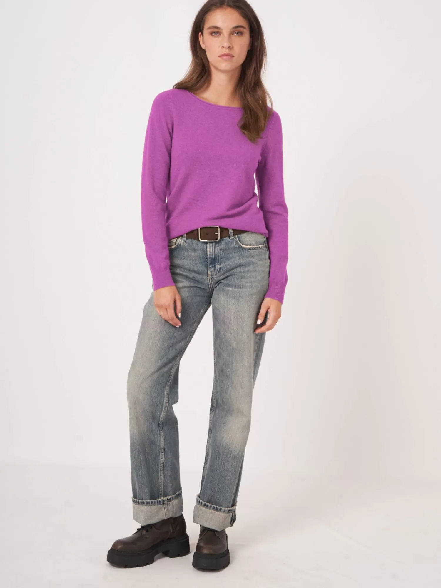 REPEAT cashmere Truien | Organic Cashmere*Basic trui met boothals van cashmere wolmix Magnolia