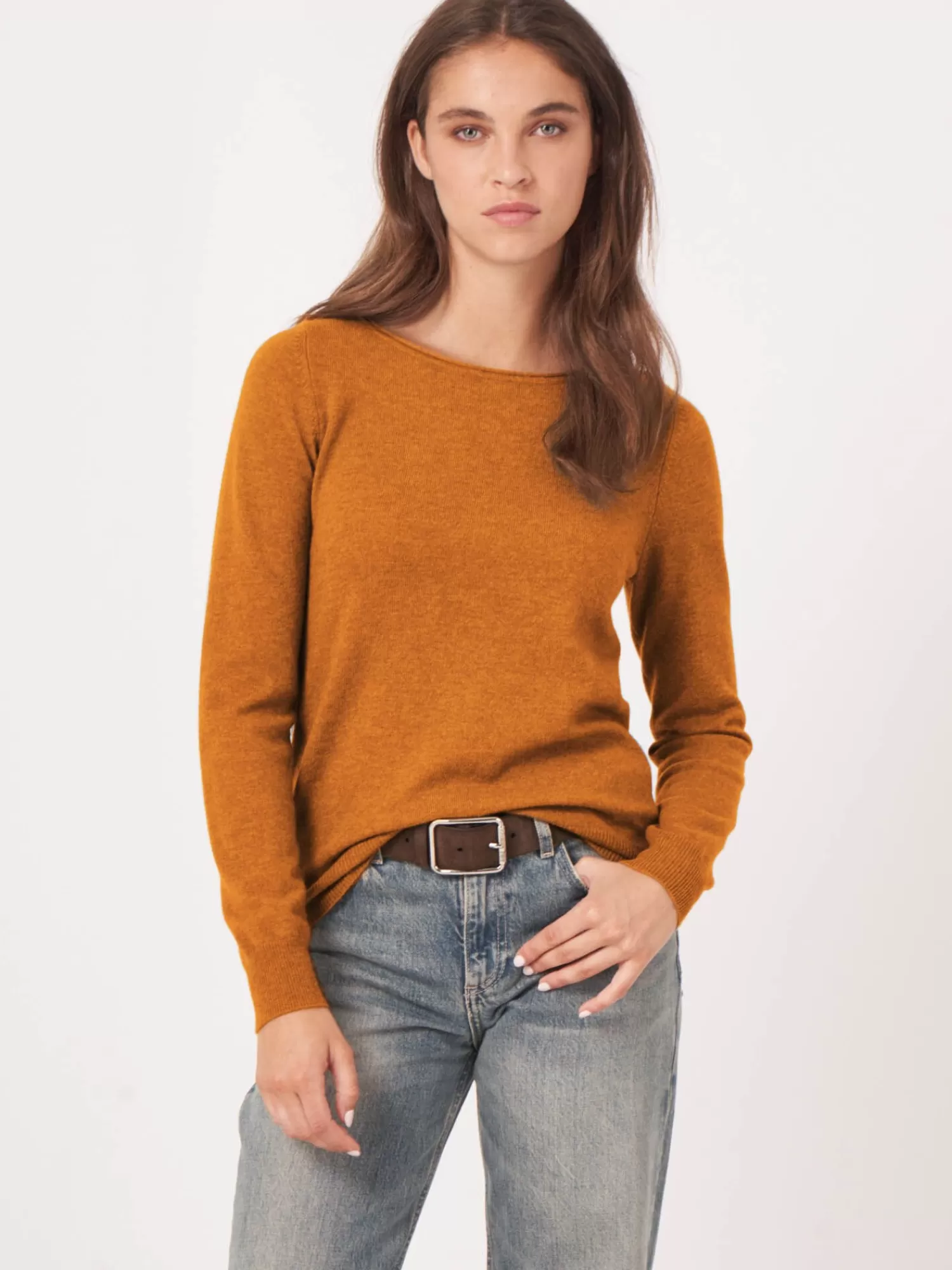 REPEAT cashmere Truien | Organic Cashmere*Basic trui met boothals van cashmere wolmix Caramel