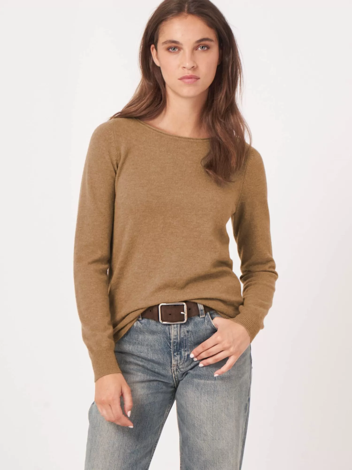 REPEAT cashmere Truien | Organic Cashmere*Basic trui met boothals van cashmere wolmix Camel