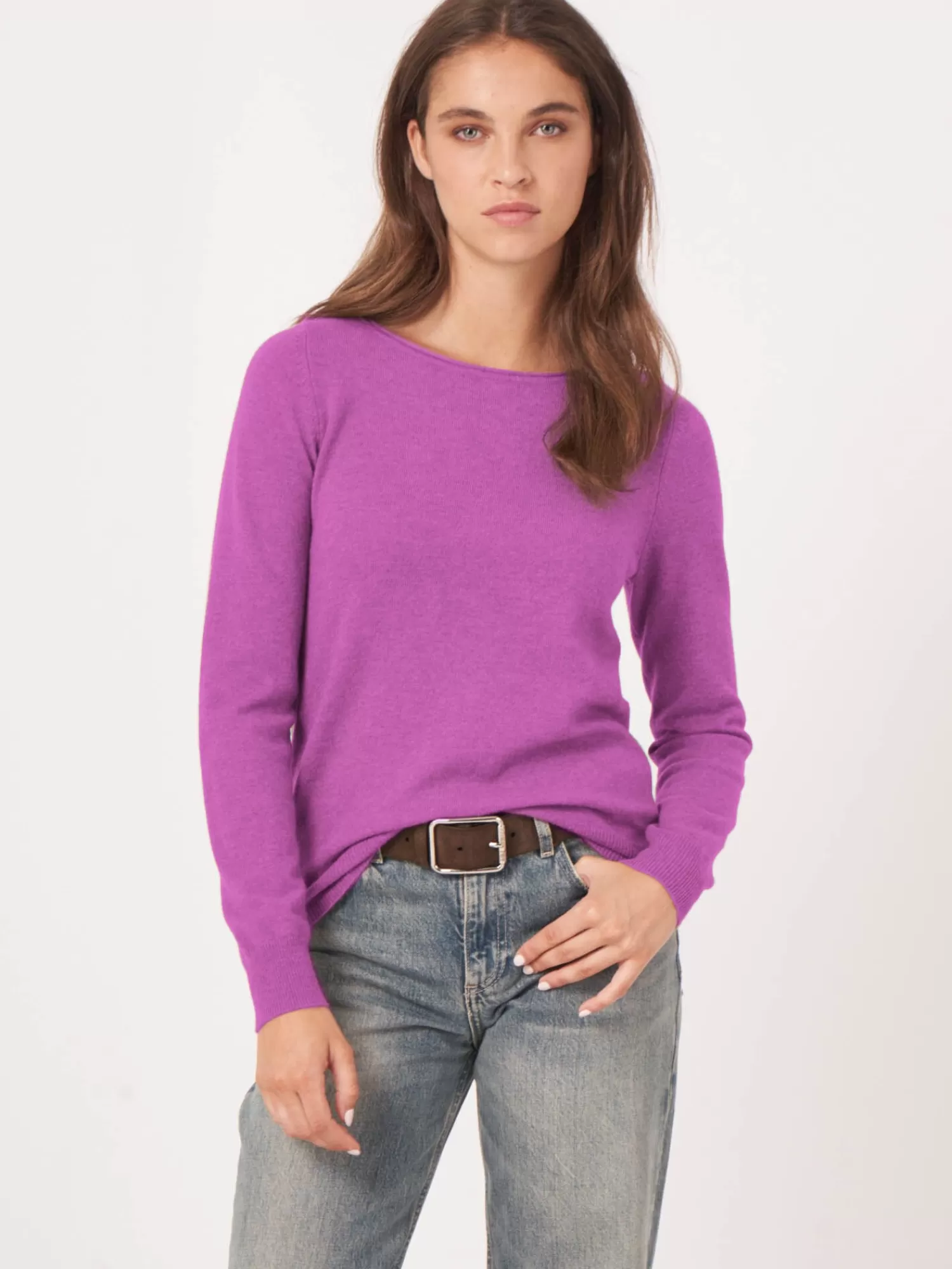 REPEAT cashmere Truien | Organic Cashmere*Basic trui met boothals van cashmere wolmix Magnolia