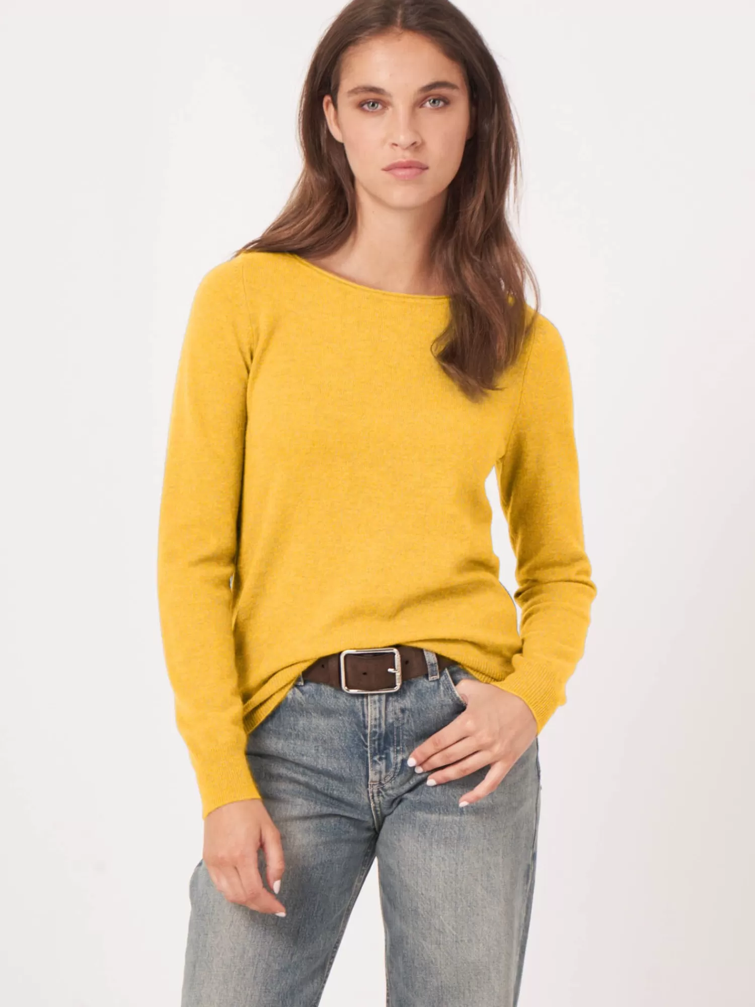 REPEAT cashmere Truien | Organic Cashmere*Basic trui met boothals van cashmere wolmix Honey