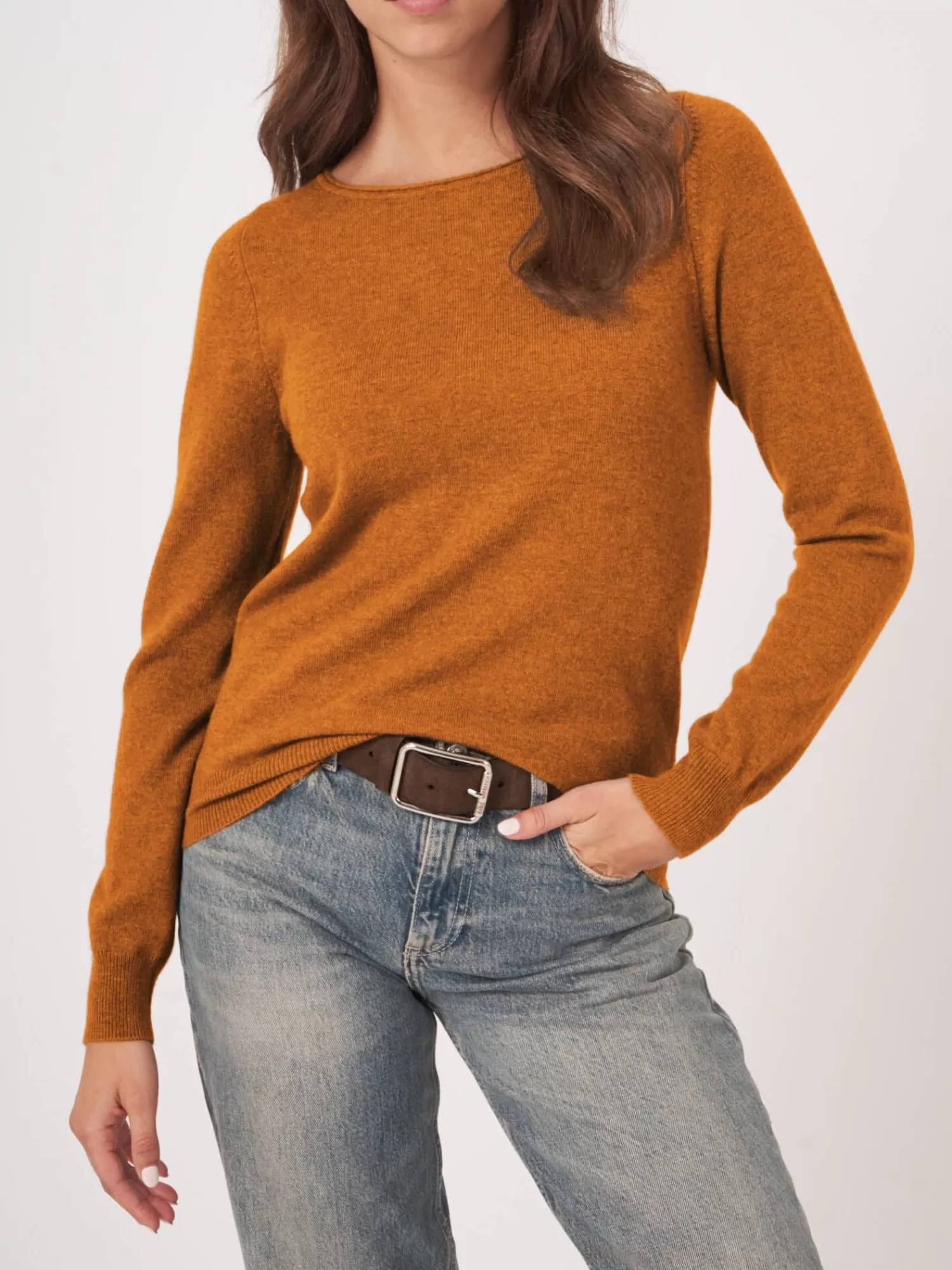 REPEAT cashmere Truien | Organic Cashmere*Basic trui met boothals van cashmere wolmix Caramel