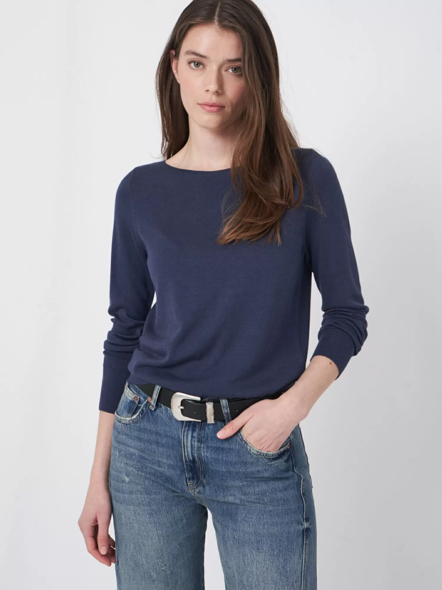 REPEAT cashmere Truien | Organic Cashmere*Basic trui met lange mouwen in katoenmix Marine