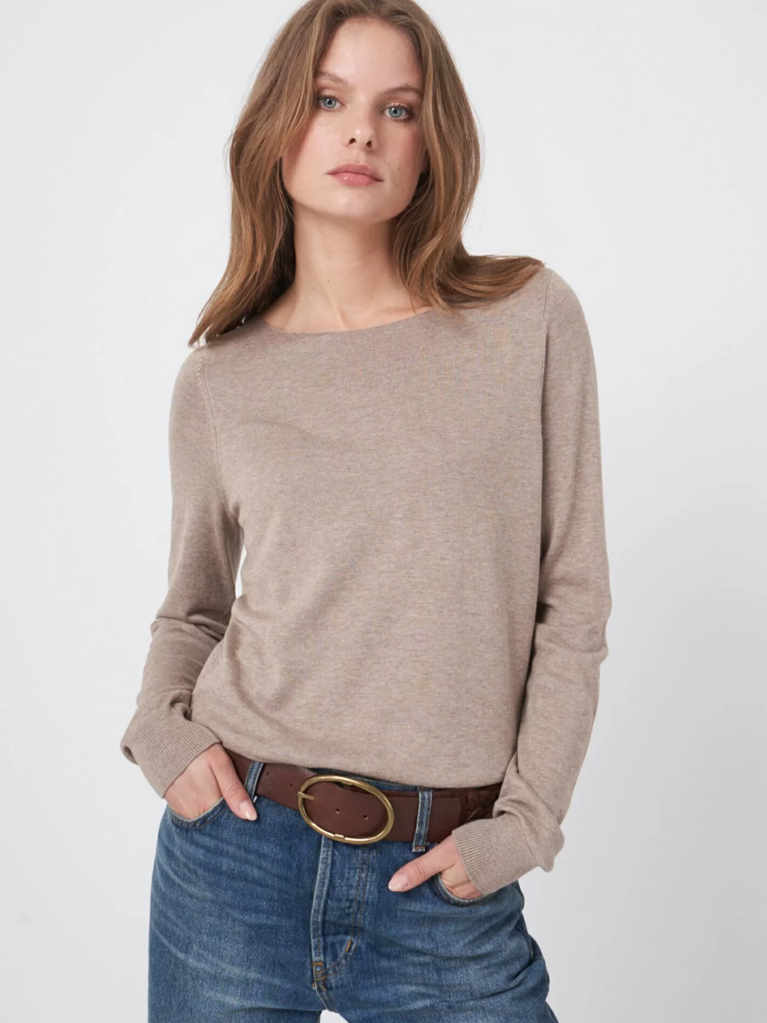 REPEAT cashmere Truien | Organic Cashmere*Basic trui met lange mouwen in katoenmix Desert