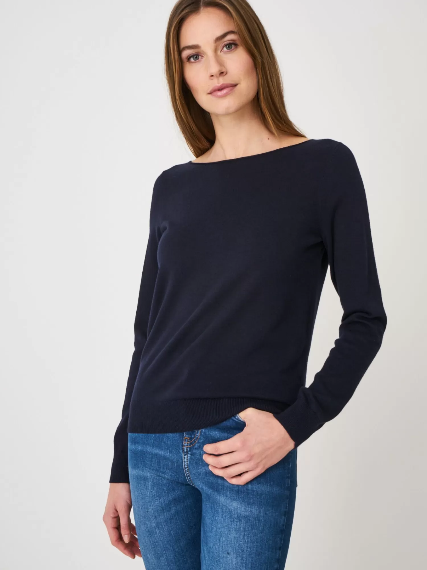 REPEAT cashmere Truien | Truien*Basic trui met lange mouwen in katoenmix Navy