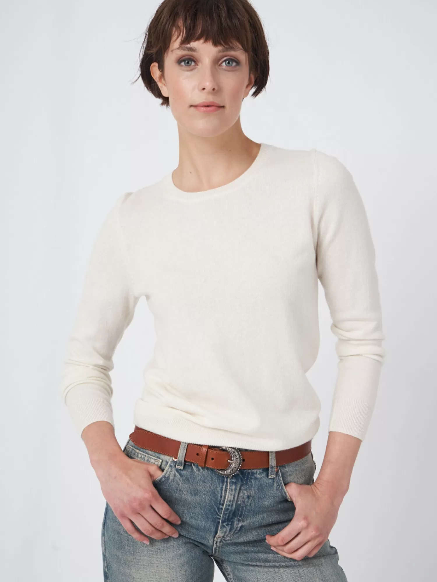 REPEAT cashmere Truien | Truien*Basic trui met ronde halslijn Cream