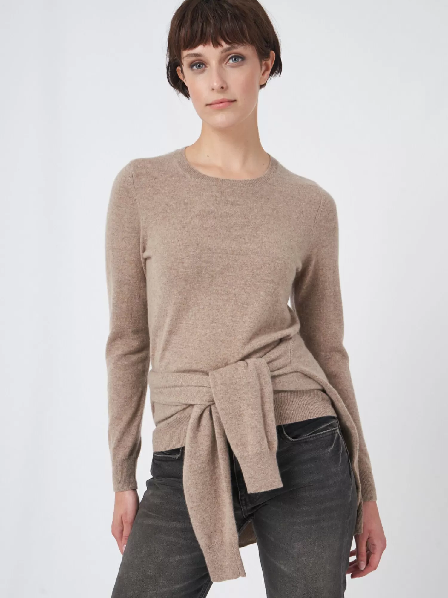 REPEAT cashmere Truien | Organic Cashmere*Basic trui met ronde halslijn Taupe