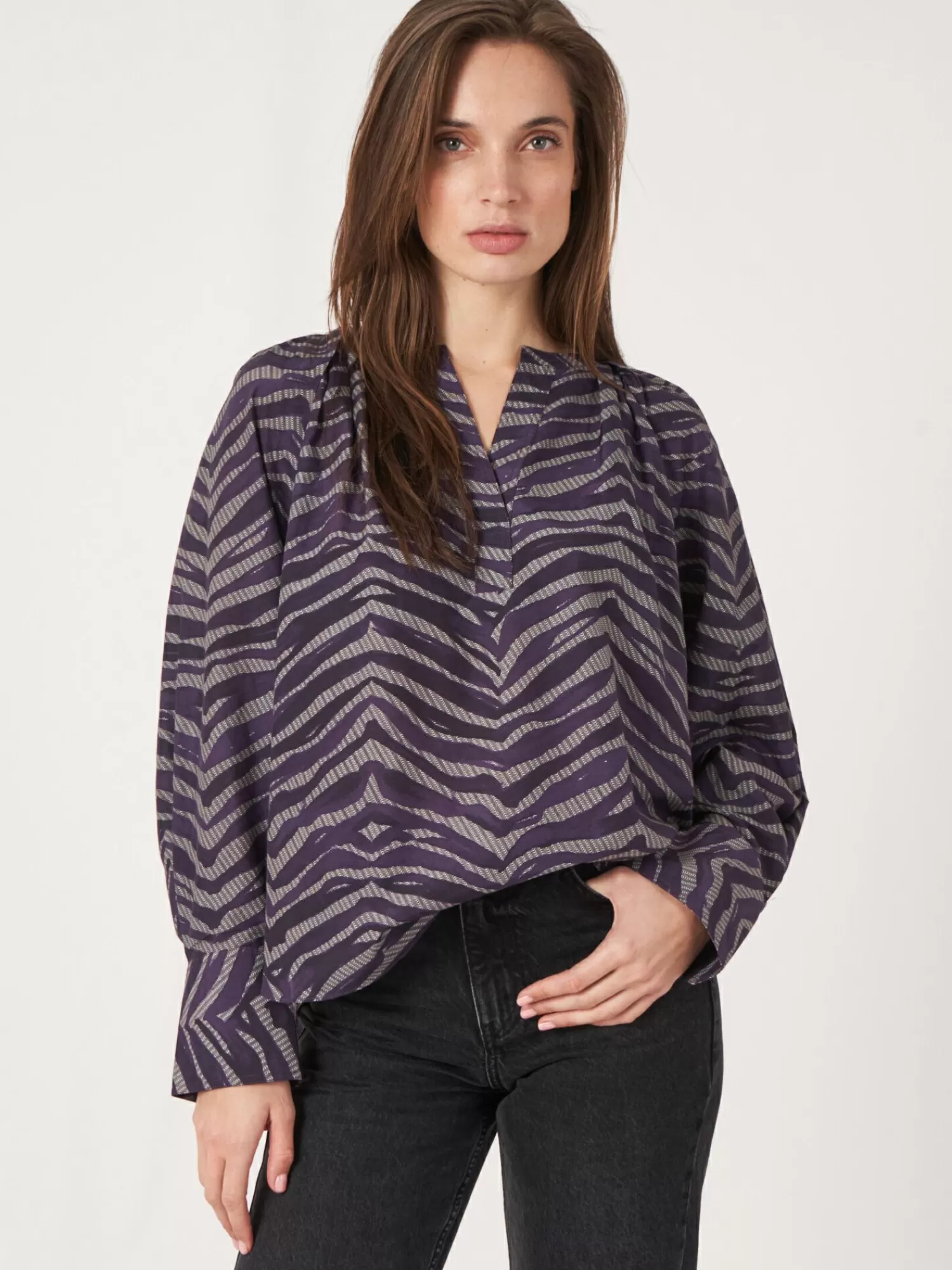 REPEAT cashmere Blouses*Blouse met zebraprint van katoen-zijde-mix Amethyst