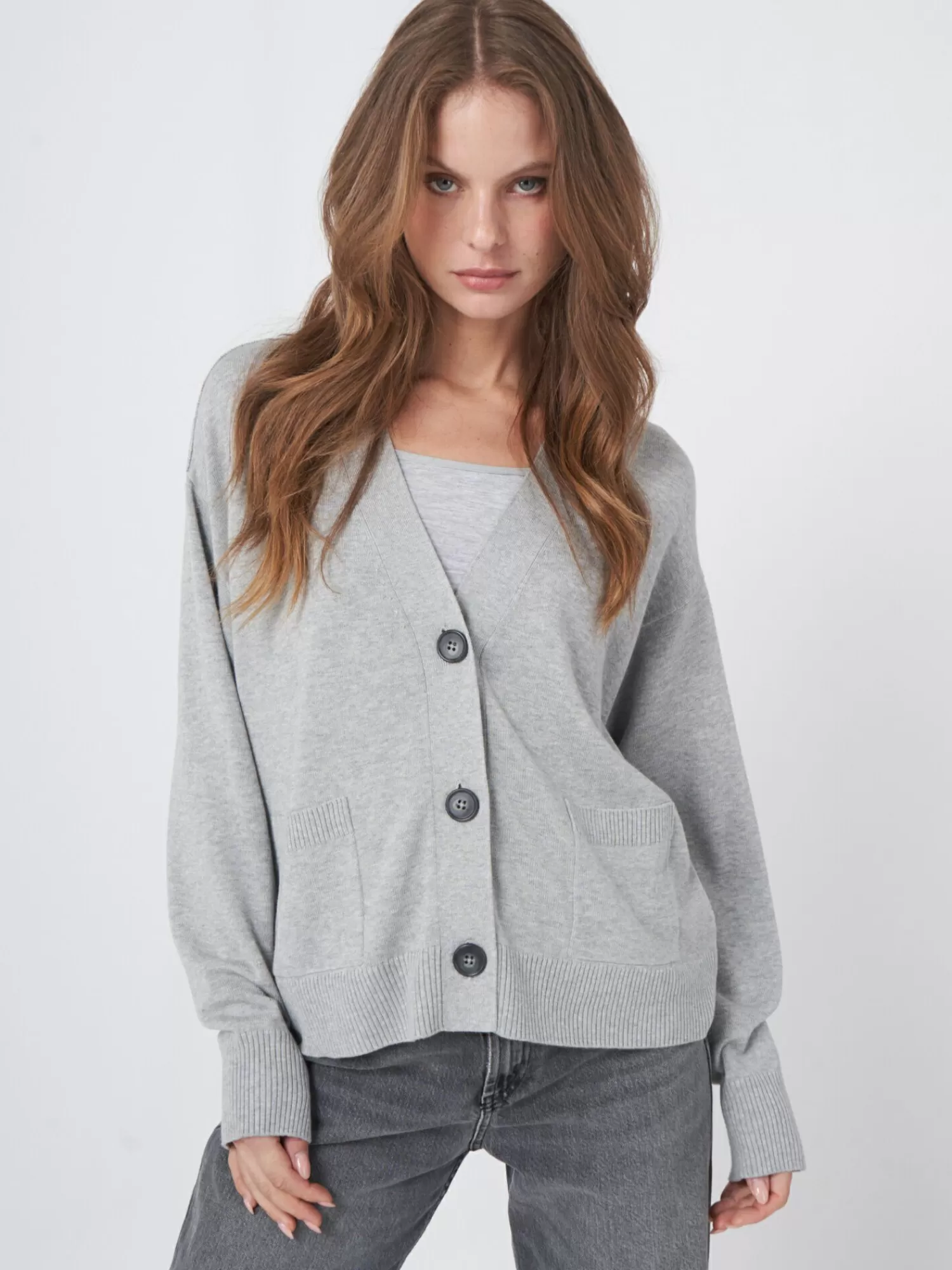 REPEAT cashmere Vesten*Boxy vest met oversized knopen van katoenmelange Grey