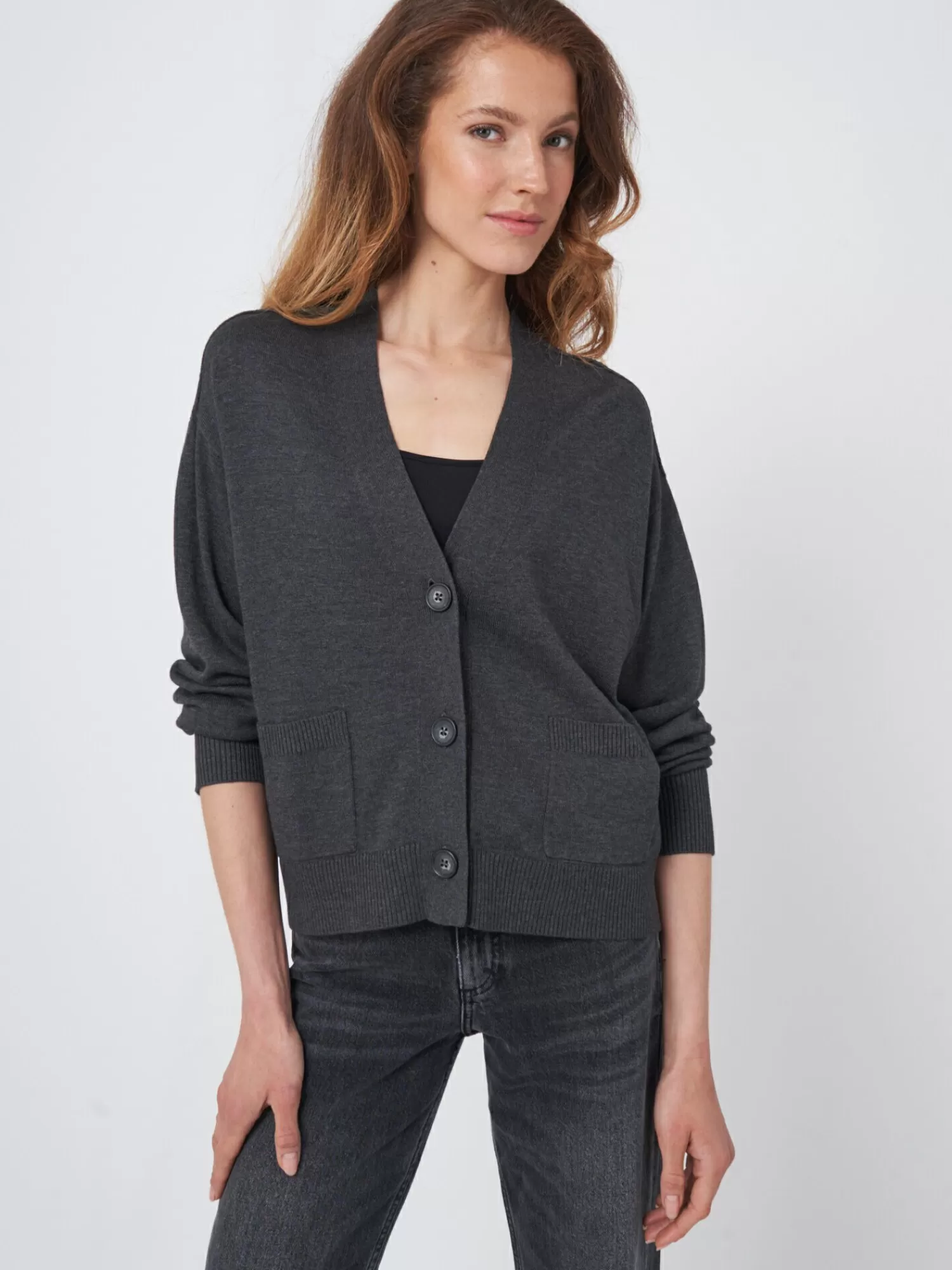 REPEAT cashmere Vesten*Boxy vest met oversized knopen van katoenmelange Anthra