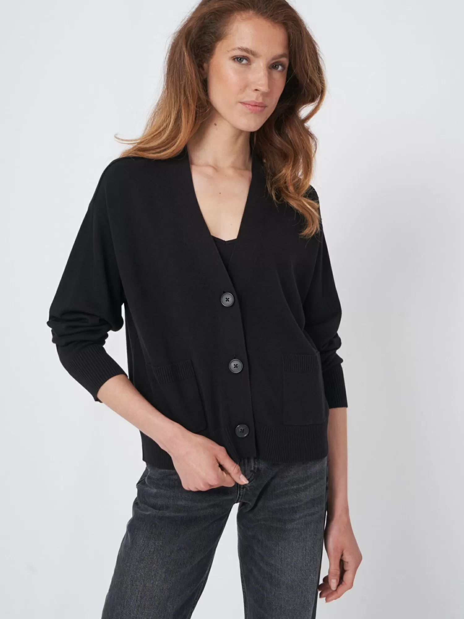 REPEAT cashmere Vesten*Boxy vest met oversized knopen van katoenmelange Black