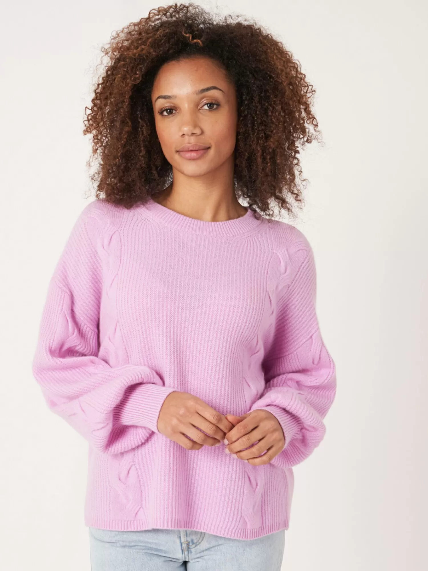 REPEAT cashmere Organic Cashmere | Truien*Cashmere pullover met textuur en pofmouwen Candy