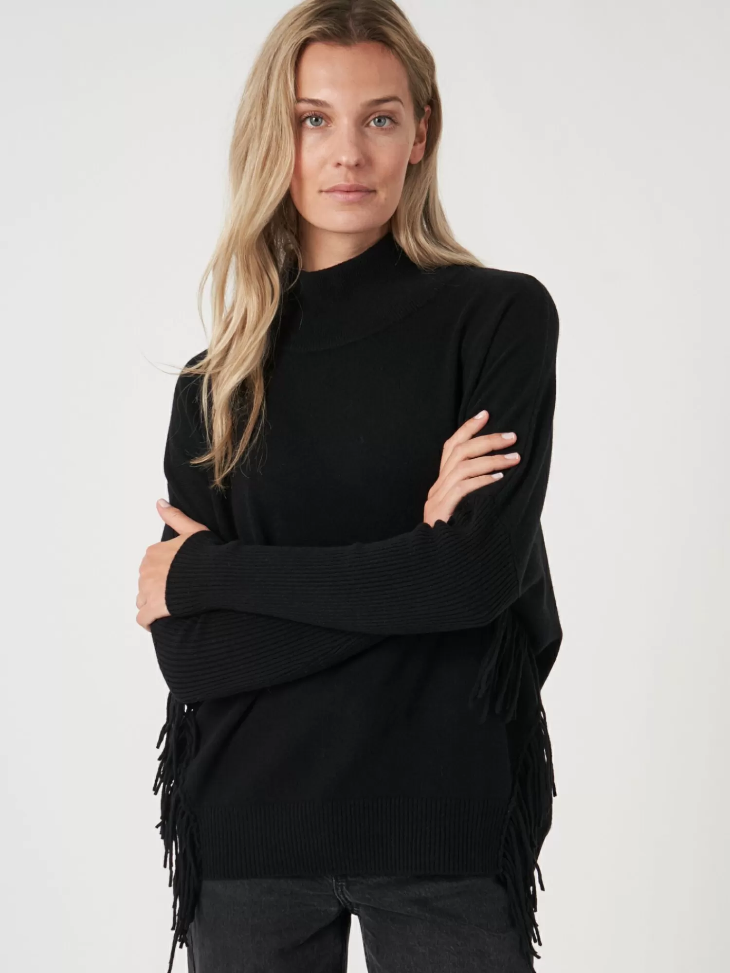 REPEAT cashmere Truien*Cashmere trui met franje Black