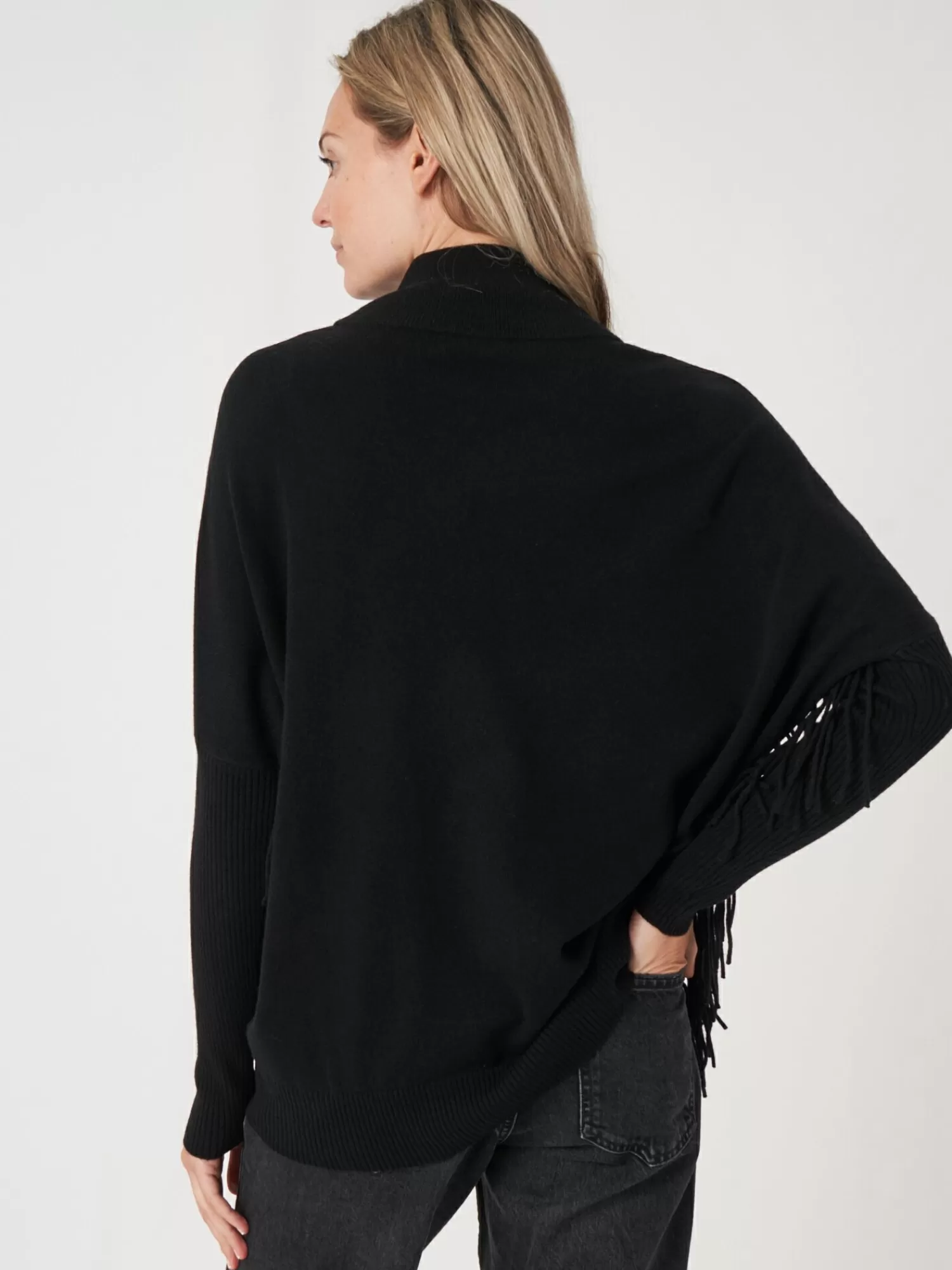 REPEAT cashmere Truien*Cashmere trui met franje Black